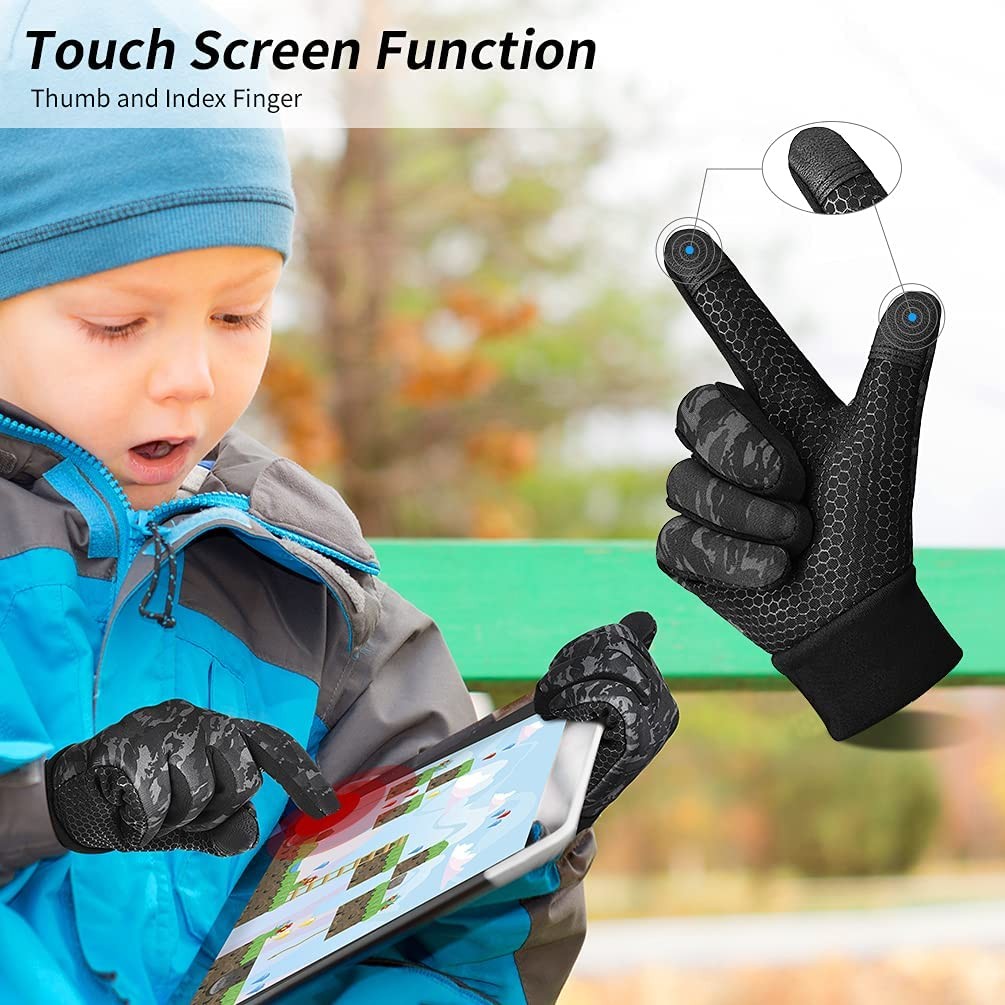 Kids Winter Warm Gloves with Grip - Boys Girls Thermal Fleece Running Cycling Gloves Touch Screen Cold Weather Soft Anti Slip Mittens for Sport Ski Snow Bike Hiking 6-12 Years