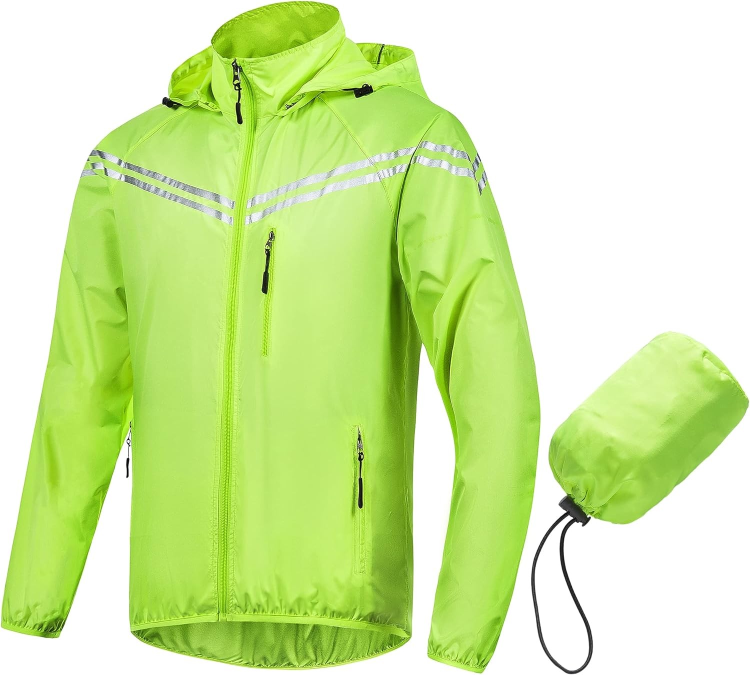 CREATMO US Men s Packable Waterproof Running Rain Coats Reflective Cycling Jacket Windbreaker With Removable Hood