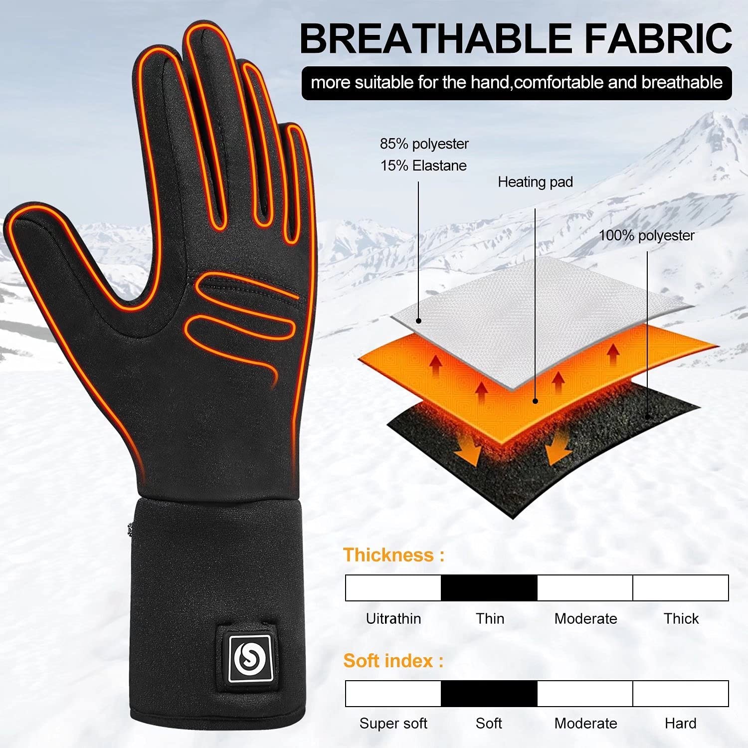 Haeglauv Rechargeable Heated Glove Liners - Men Women Electric Battery Powered Hand Warmers for Winter Outdoor Thin Gloves