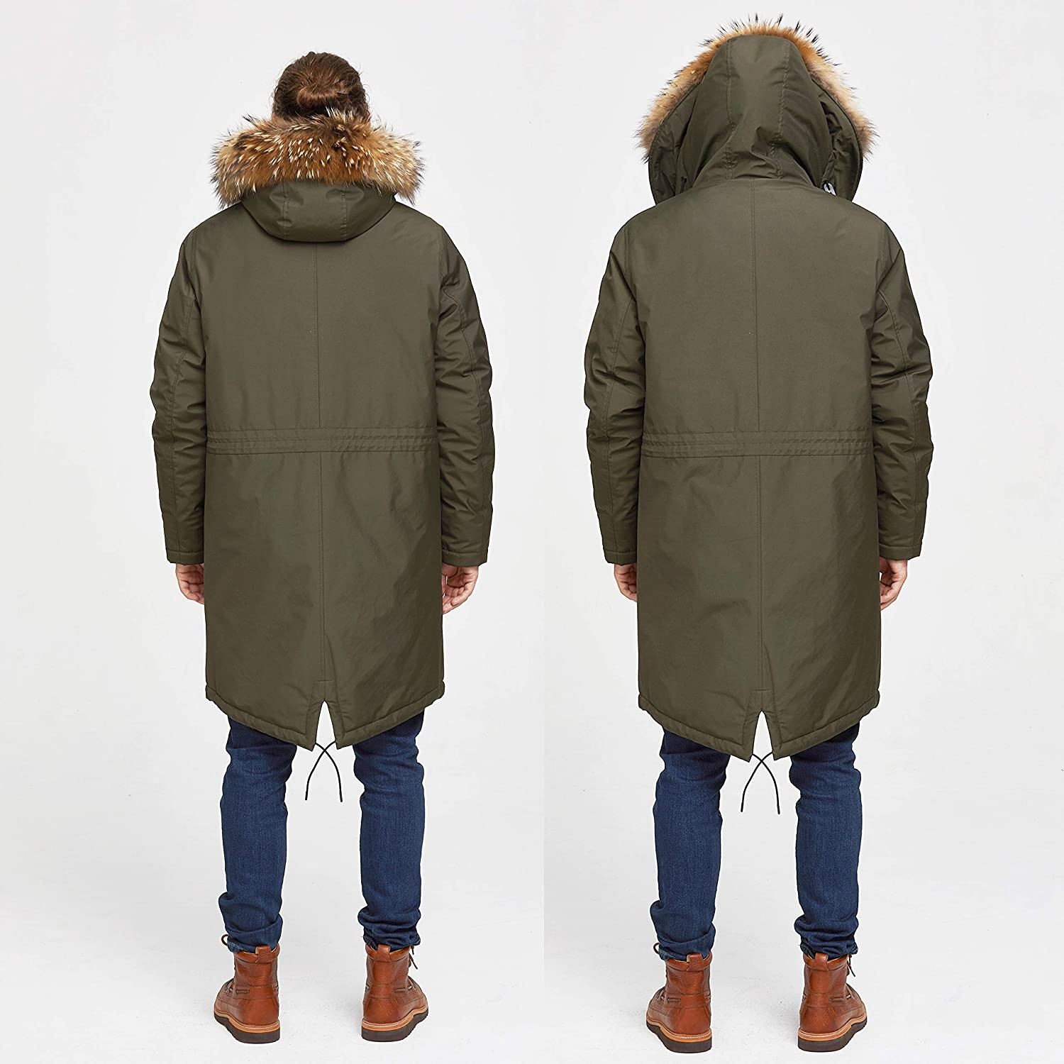 TIGER FORCE Winter Parka City Jackets for Men Business Coat Hooded with Real Fur Trim Insulated Waterproof Snow Jacket Green