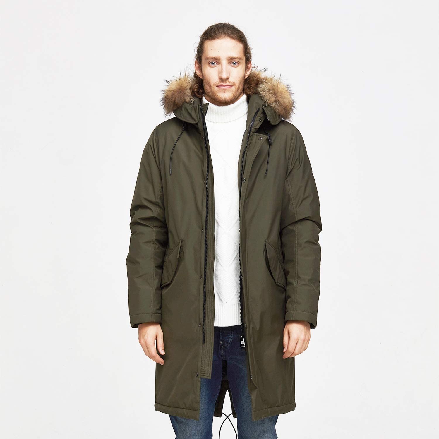 TIGER FORCE Winter Parka City Jackets for Men Business Coat Hooded with Real Fur Trim Insulated Waterproof Snow Jacket Green