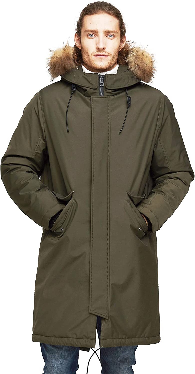 TIGER FORCE Winter Parka City Jackets for Men Business Coat Hooded with Real Fur Trim Insulated Waterproof Snow Jacket Green