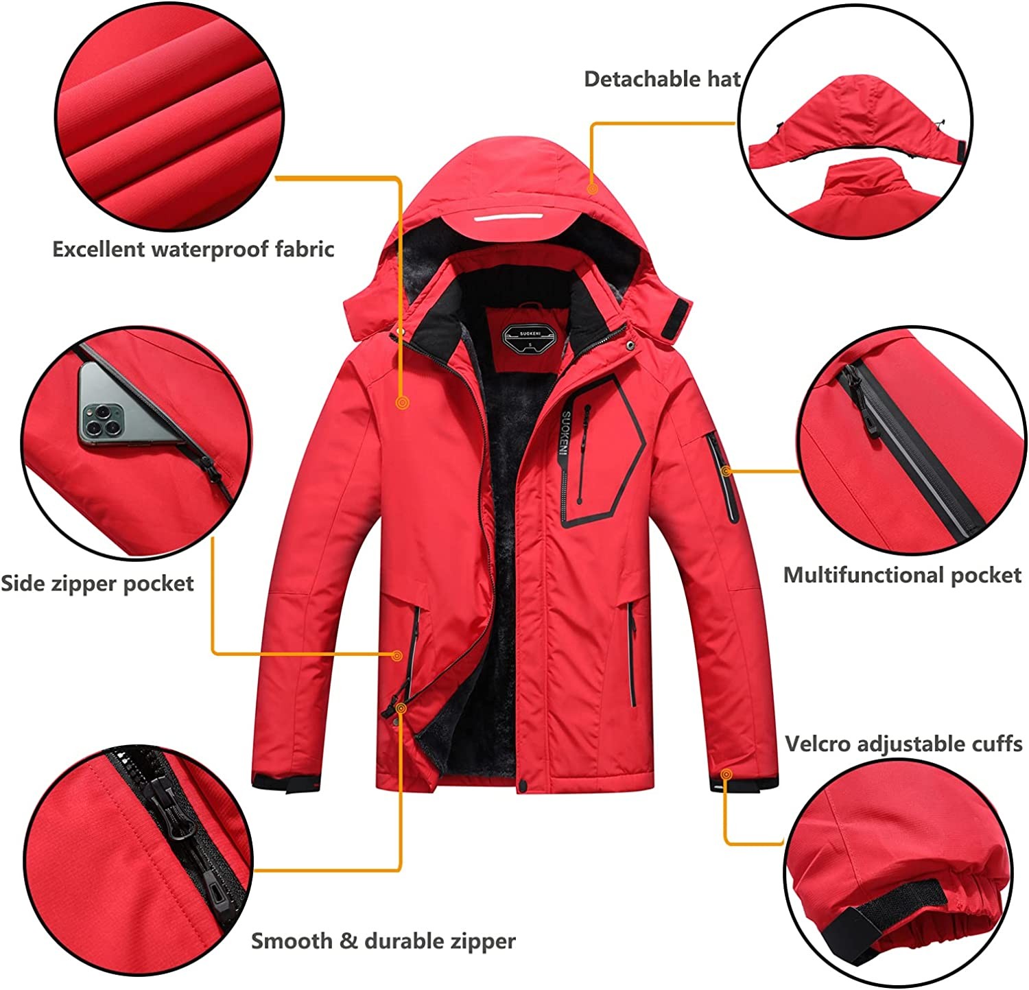 Men s Waterproof Ski Jacket Warm Winter Snow Coat Hooded Raincoat