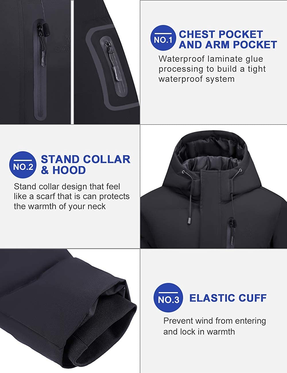 CAMEL Men Puffer Jacket with Hooded Parkas Thicken Padded Jacket Windproof Outdoor for Winter Coat
