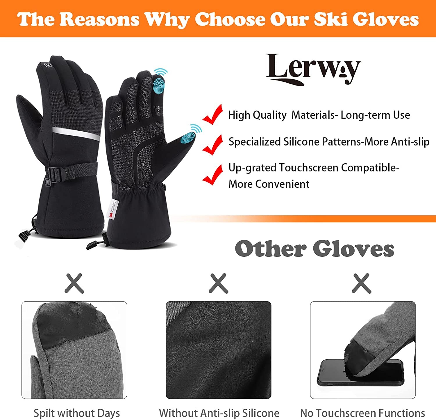 Ski Gloves Waterproof Winter Gloves: Touchscreen Windproof Warm Snow Gloves for Men Women Anti-Slip Cold Weather Skiing Snowboard Glove with Strip for Outdoor Hiking Running Shoveling Snow