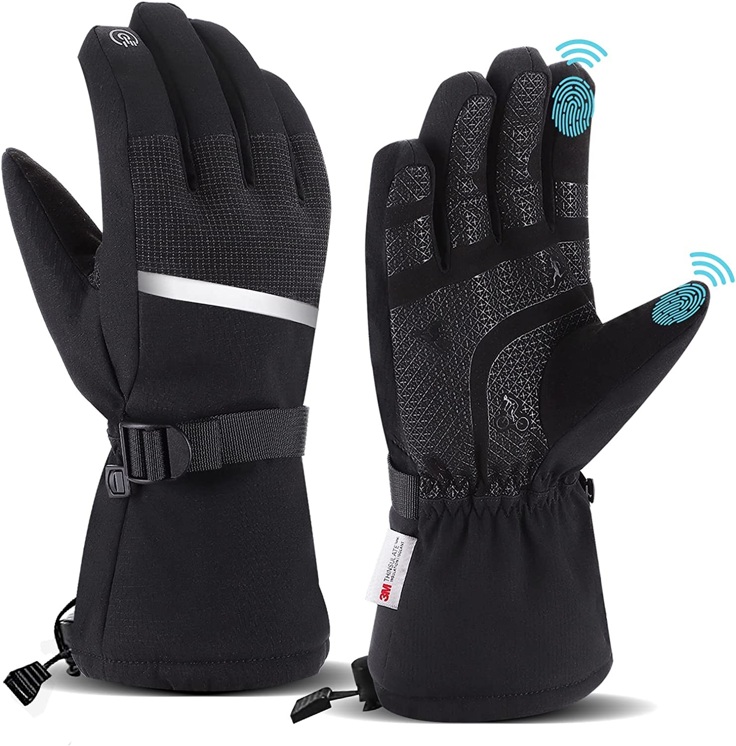 Ski Gloves Waterproof Winter Gloves: Touchscreen Windproof Warm Snow Gloves for Men Women Anti-Slip Cold Weather Skiing Snowboard Glove with Strip for Outdoor Hiking Running Shoveling Snow