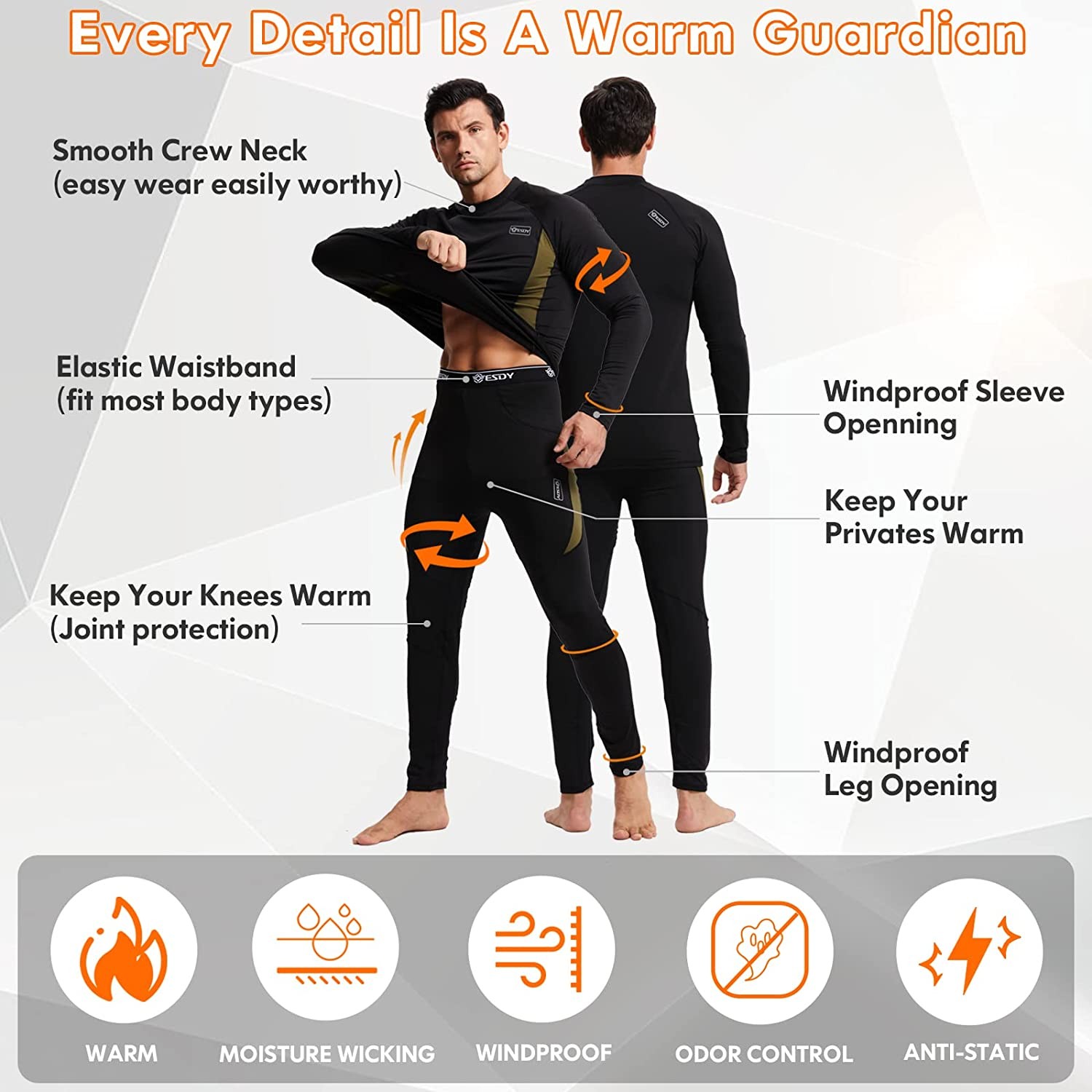 Thermal Underwear for Men, Long Johns Set with Fleece Lined, Winter Hunting Gear Warm Base Layer Sport Top & Bottom