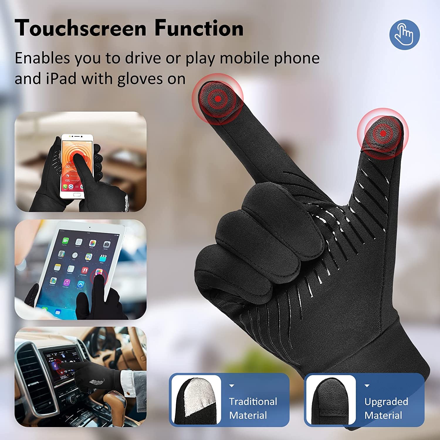 Winter Warm Running Touchscreen Gloves - Outdoor Sports Bike Black Mittens Gloves Anti-Slip Full Finger for Man Woman