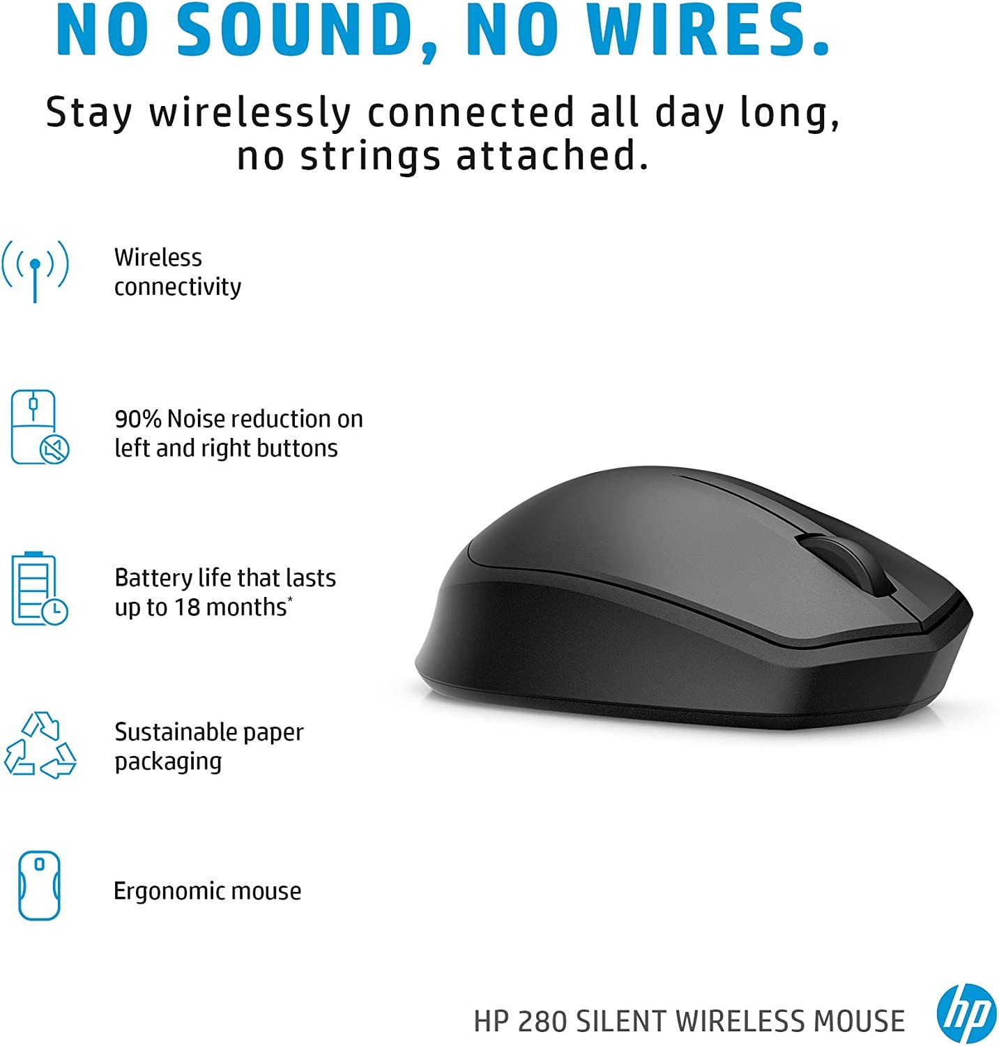 HP Wireless Silent 280M Mouse - Ergonomic Right-Handed Design, 18 Month Battery Life, and 2.4GHz Reliable Connection - Works for Computers and Laptops - Far Quieter Clicks than Most Mice