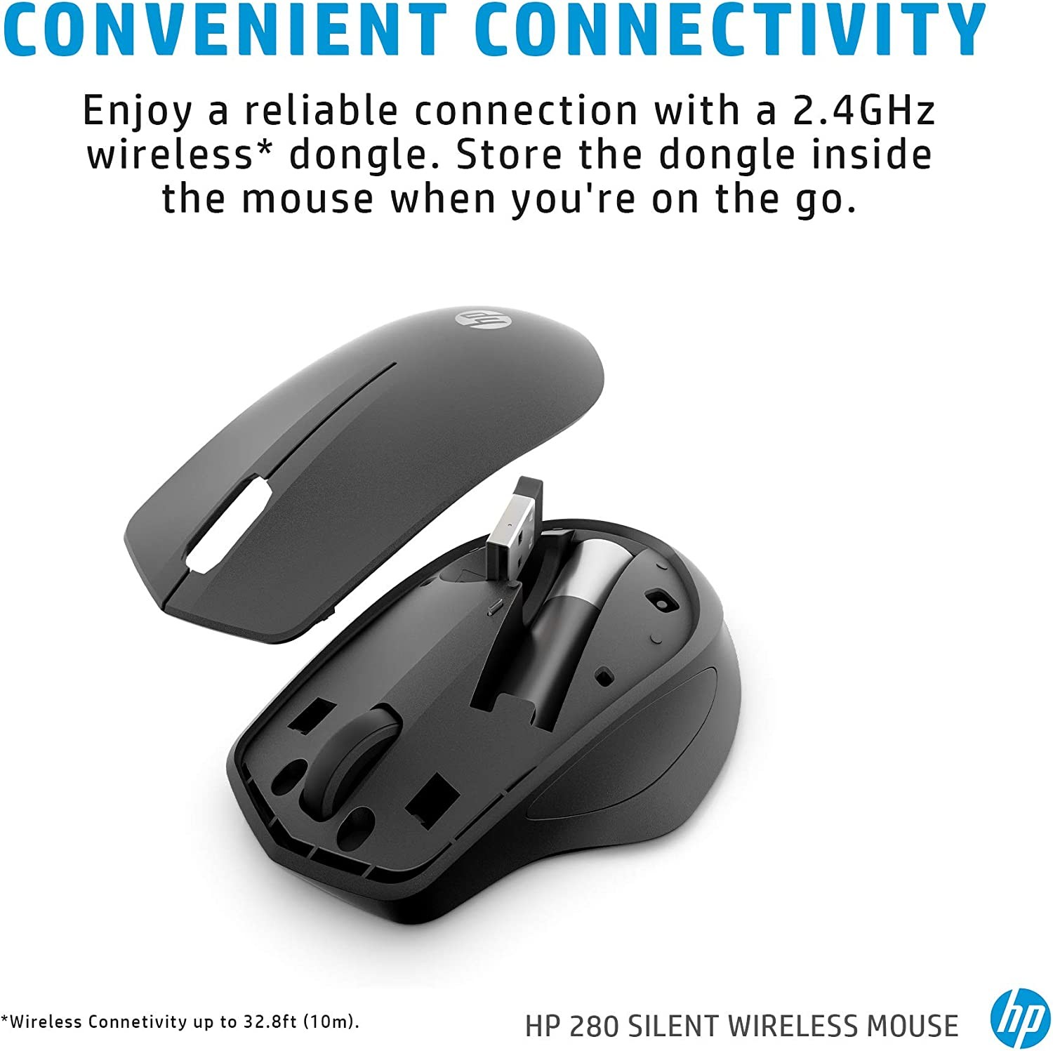 HP Wireless Silent 280M Mouse - Ergonomic Right-Handed Design, 18 Month Battery Life, and 2.4GHz Reliable Connection - Works for Computers and Laptops - Far Quieter Clicks than Most Mice