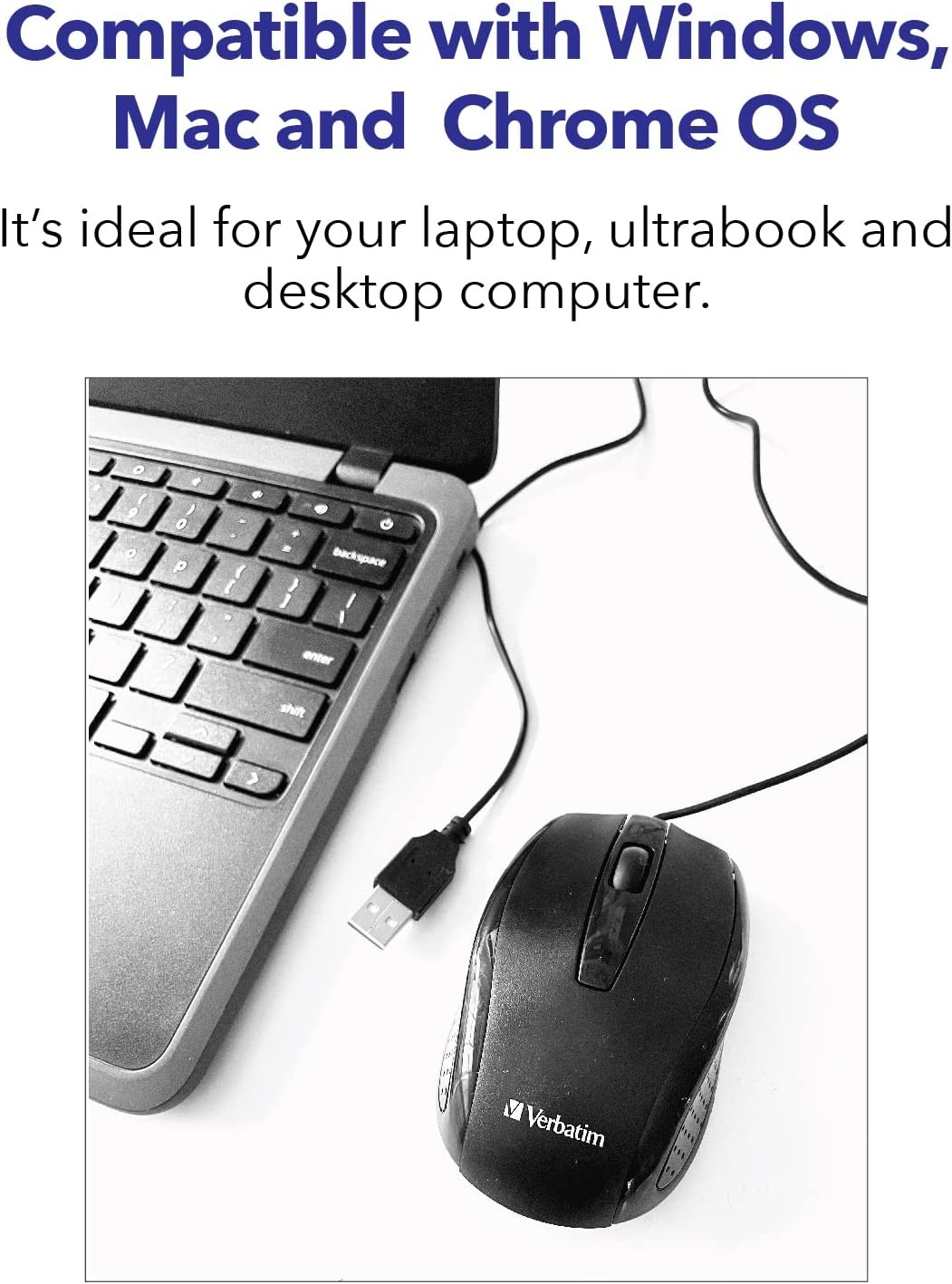 Verbatim Wired USB Computer Mouse - Corded USB Mouse for Laptops and PCs - Right or Left Hand Use, Black 98106