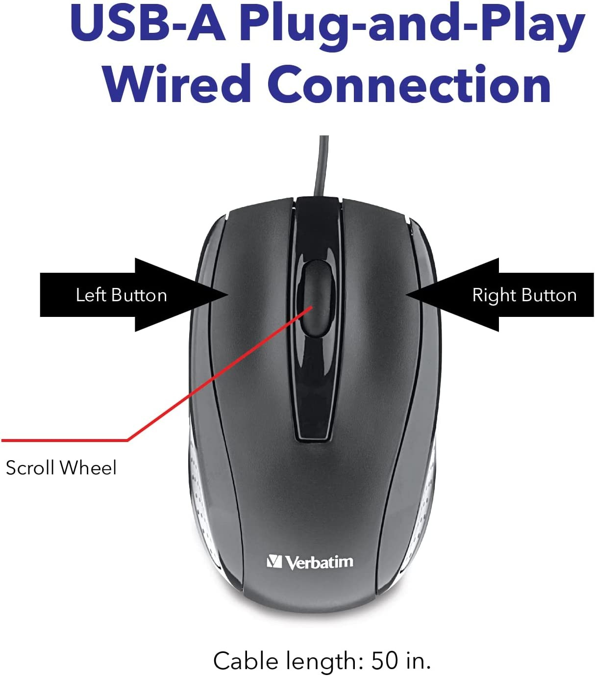Verbatim Wired USB Computer Mouse - Corded USB Mouse for Laptops and PCs - Right or Left Hand Use, Black 98106