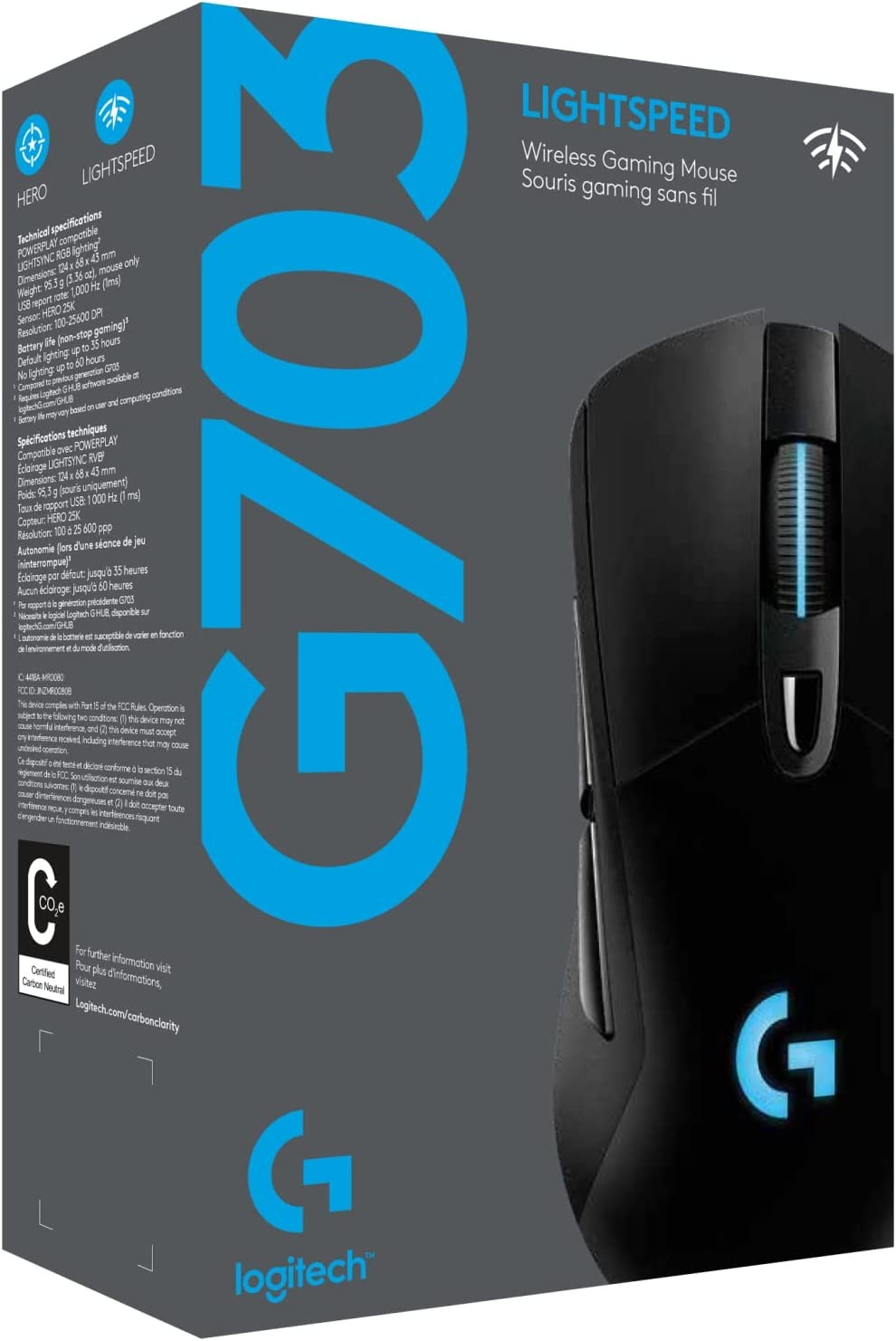 Logitech G703 Lightspeed Wireless Gaming Mouse W/Hero 25K Sensor, PowerPlay Compatible, Lightsync RGB, Lightweight 95G+10G Optional, 100-25, 600 DPI, Rubber Side Grips - Black