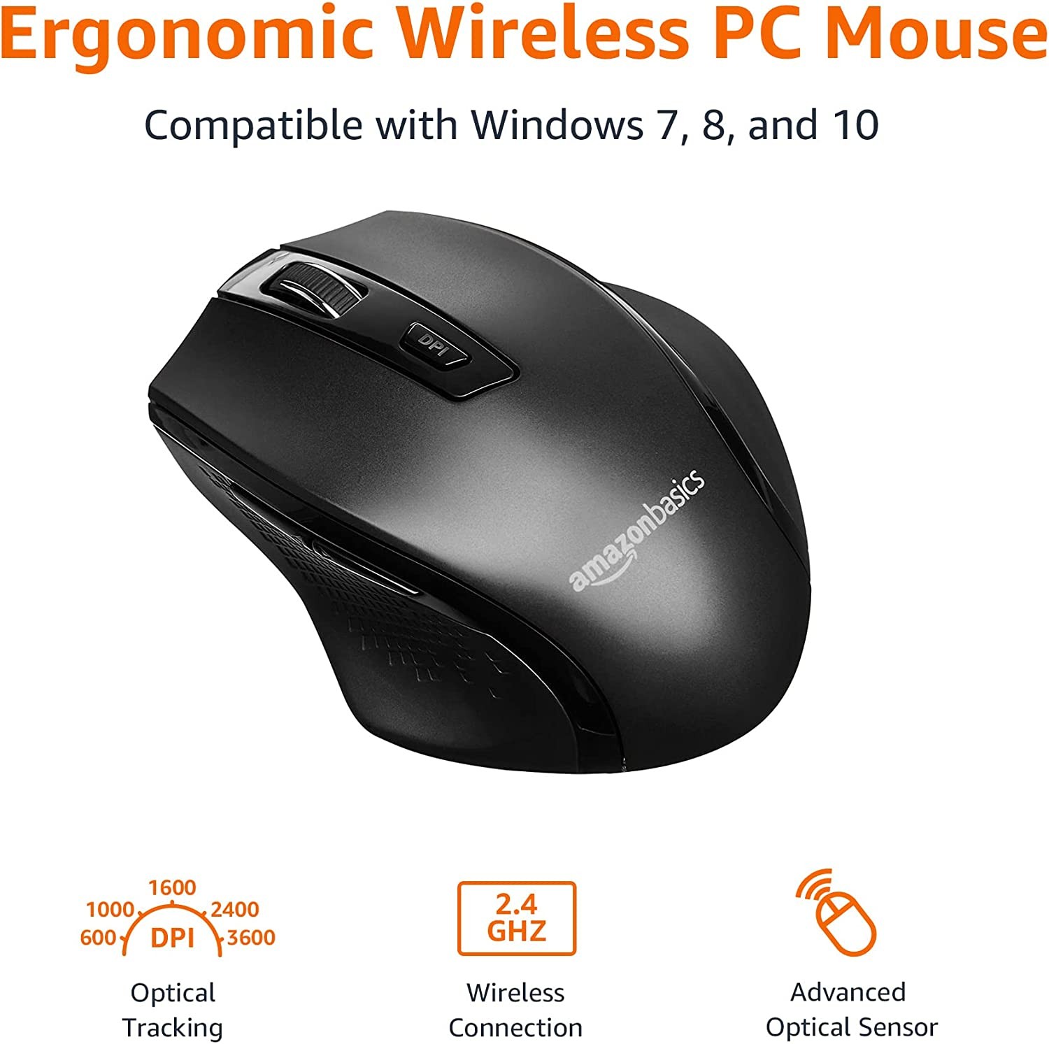 Amazon Basics Ergonomic Wireless PC Mouse - DPI adjustable - Black
