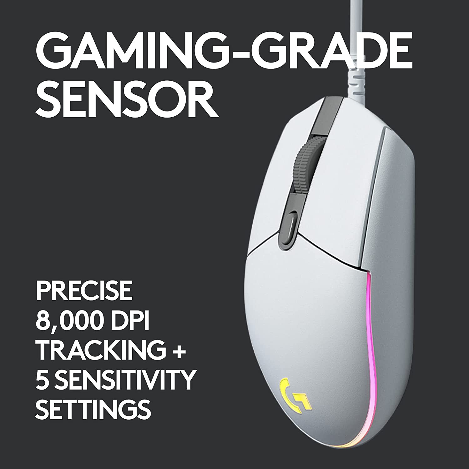 Logitech G203 Wired Gaming Mouse, 8,000 DPI, Rainbow Optical Effect LIGHTSYNC RGB, 6 Programmable Buttons, On-Board Memory, Screen Mapping, PC/Mac Computer and Laptop Compatible - White