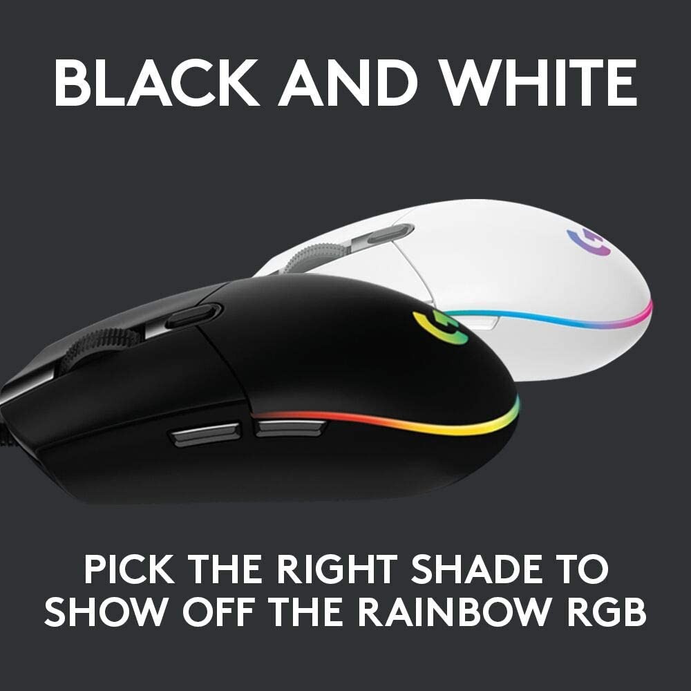 Logitech G203 Wired Gaming Mouse, 8,000 DPI, Rainbow Optical Effect LIGHTSYNC RGB, 6 Programmable Buttons, On-Board Memory, Screen Mapping, PC/Mac Computer and Laptop Compatible - White