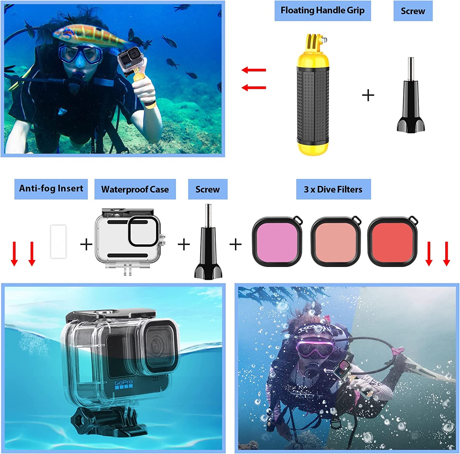 HONGDAK Action Camera Accessories Kit for GoPro Hero 11 10 9 Black, Waterproof Housing+Silicone Case+3-Way Adjustable Arm+Head Chest Wrist Strap+Bike Mount+Suction Cup+Floating Grip Bundle Set 63 in 1