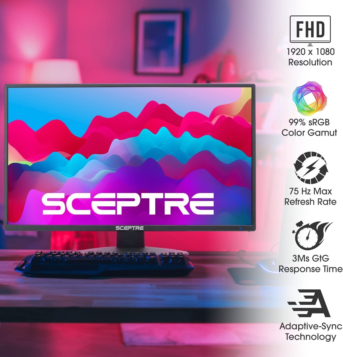 Sceptre 22 inch 75Hz 1080P LED Monitor 99% sRGB HDMI X2 VGA Build-In Speakers, Machine Black (E225W-19203R series)