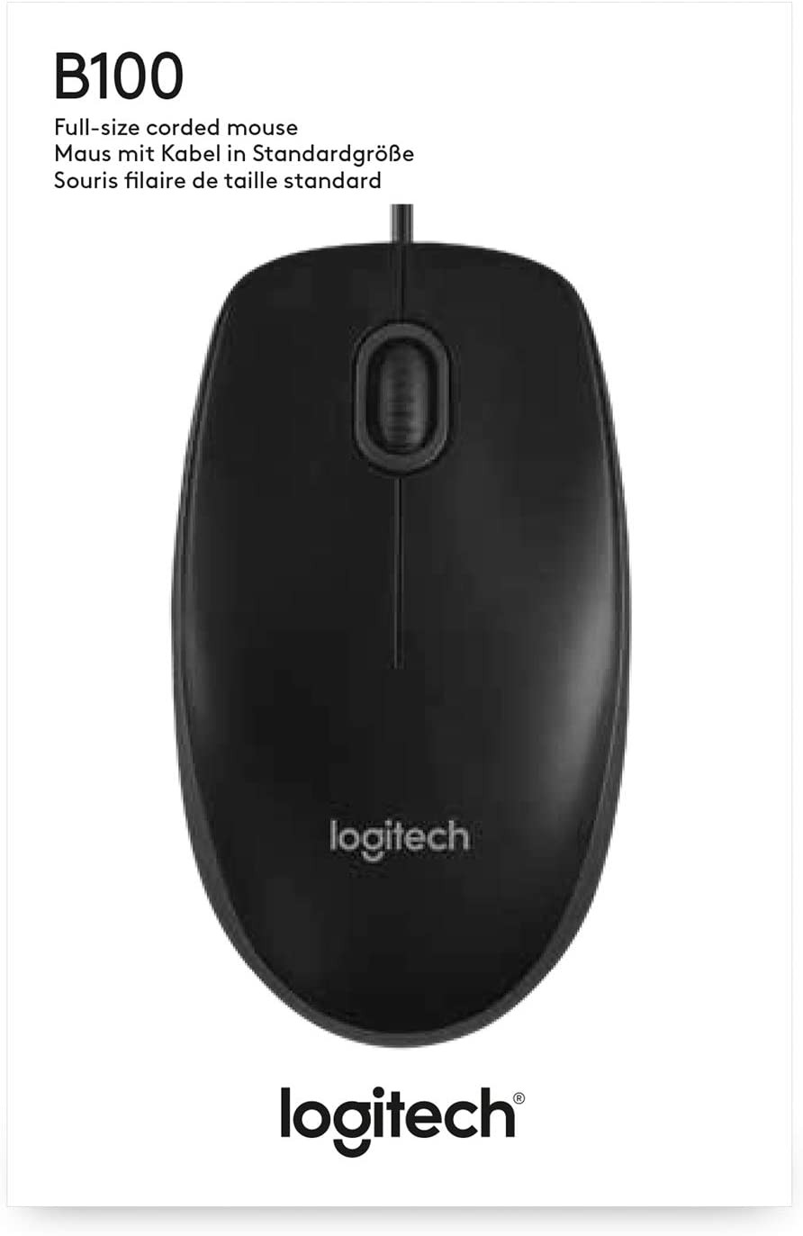 Logitech B100 Corded Mouse – Wired USB Mouse for Computers and laptops, for Right or Left Hand Use, Black
