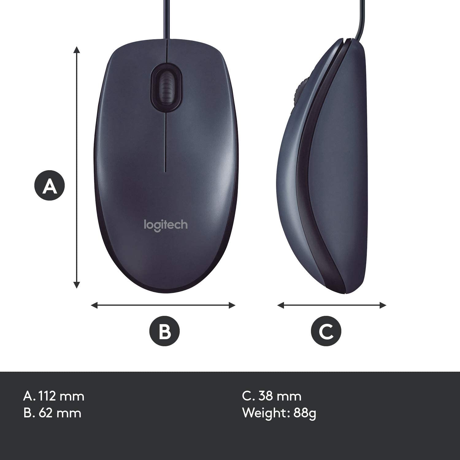 Logitech B100 Corded Mouse – Wired USB Mouse for Computers and laptops, for Right or Left Hand Use, Black