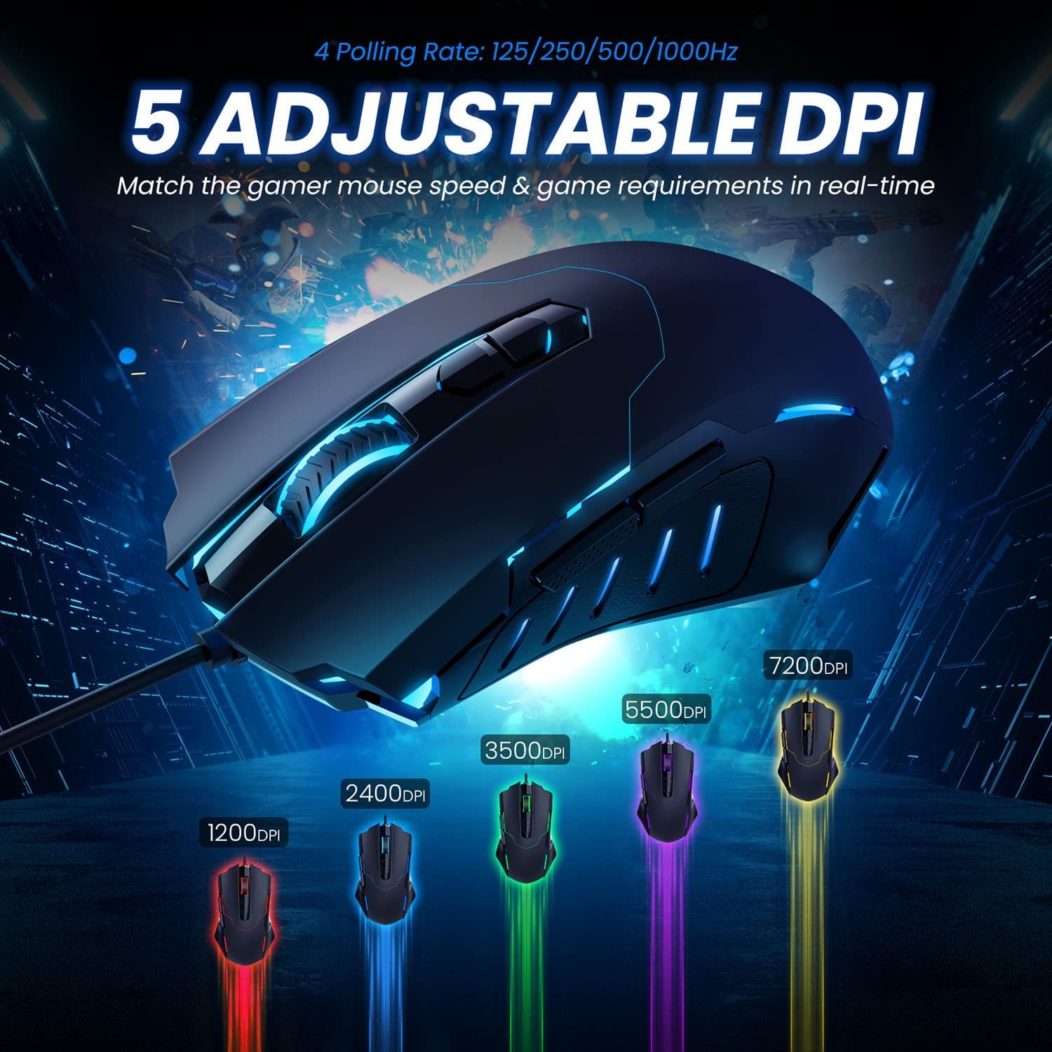 Wired Gaming Mouse, Tmaine Optical PC Gaming Mice with 16.8 Million RGB LED Backlit, High-Precision Adjustable 7200 DPI, 7 Programmable Buttons, Ergonomic USB Mouse for Windows/PC/Mac, Black
