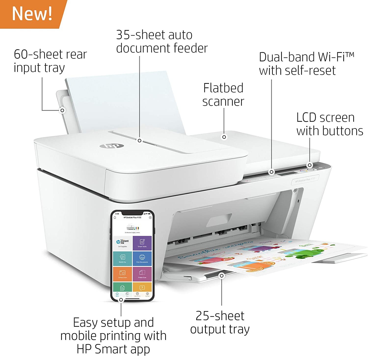 HP DeskJet Plus 4155 Wireless All-in-One Printer | Mobile Print, Scan & Copy | HP Instant Ink Ready | Auto Document Feeder (3XV13A) (Renewed)