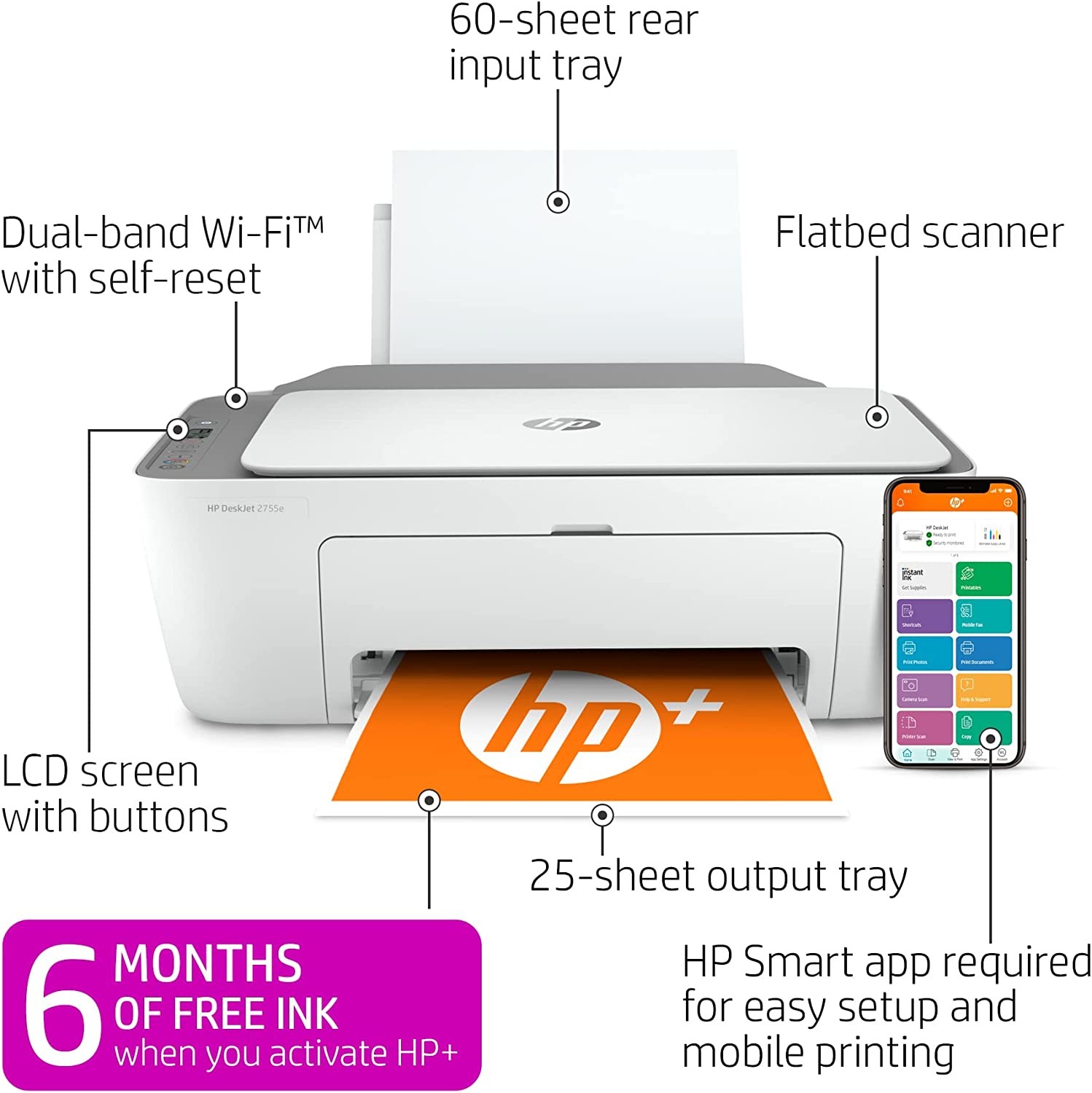HP DeskJet 2755e Wireless Color All-in-One Printer with Bonus 6 Months Instant Ink with HP+