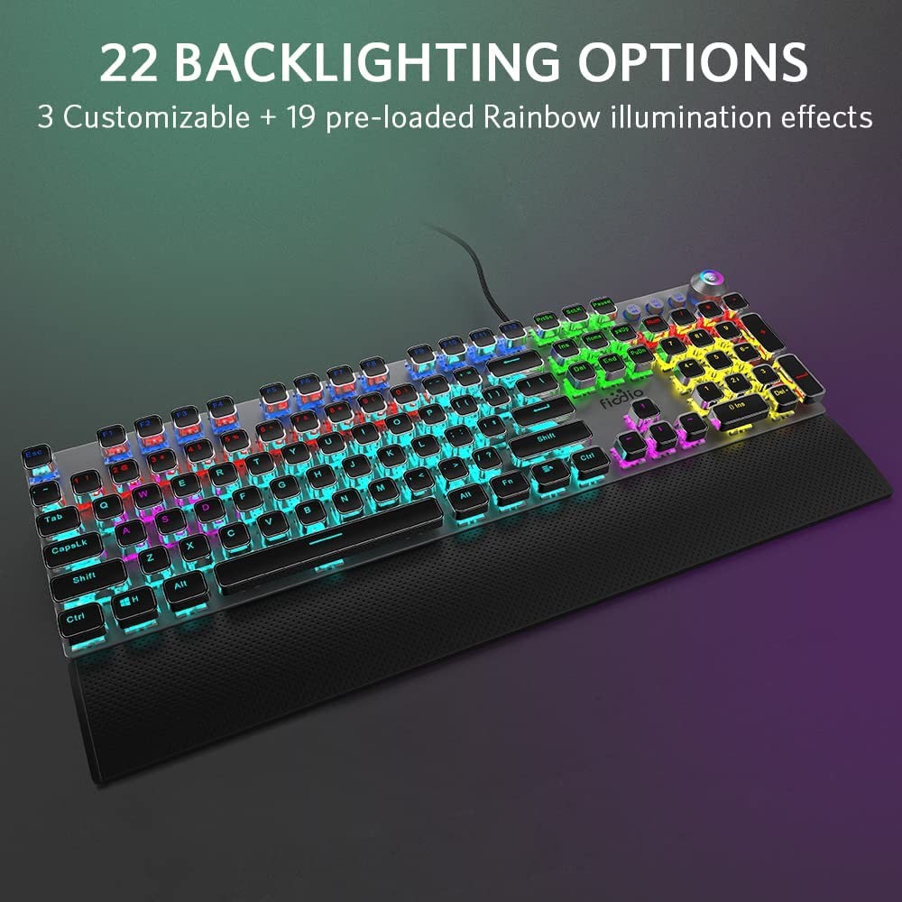 Fiodio Mechanical Gaming Keyboard, LED Rainbow Gaming Backlit, 104 Anti-ghosting Keys, Quick-Response Black Switches, Multimedia Control for PC and Desktop Computer, with Removable Hand Rest