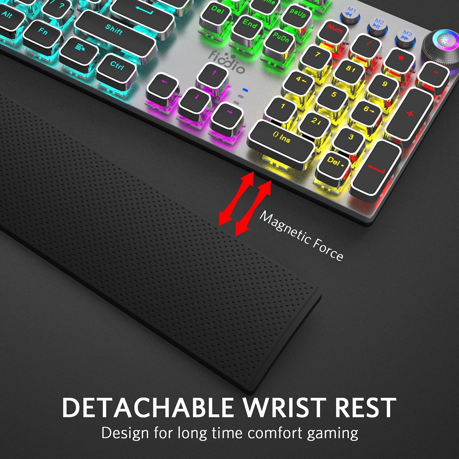 Fiodio Mechanical Gaming Keyboard, LED Rainbow Gaming Backlit, 104 Anti-ghosting Keys, Quick-Response Black Switches, Multimedia Control for PC and Desktop Computer, with Removable Hand Rest