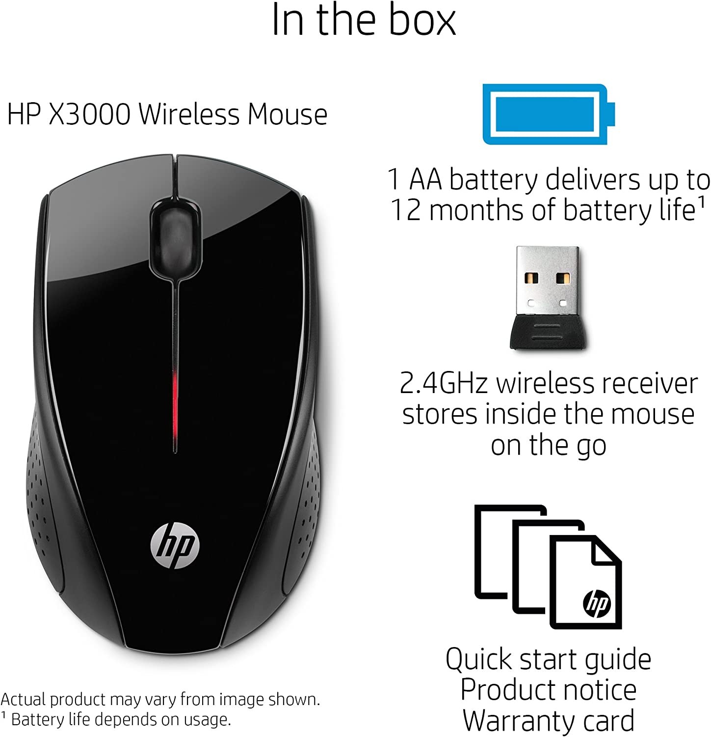 HP Wireless Mouse X3000 G2 (28Y30AA, Black) up to 15-month battery,scroll wheel, side grips for control, travel-friendly, Blue LED, powerful 1600 DPI optical sensor, Win XP,8, 11 compatible