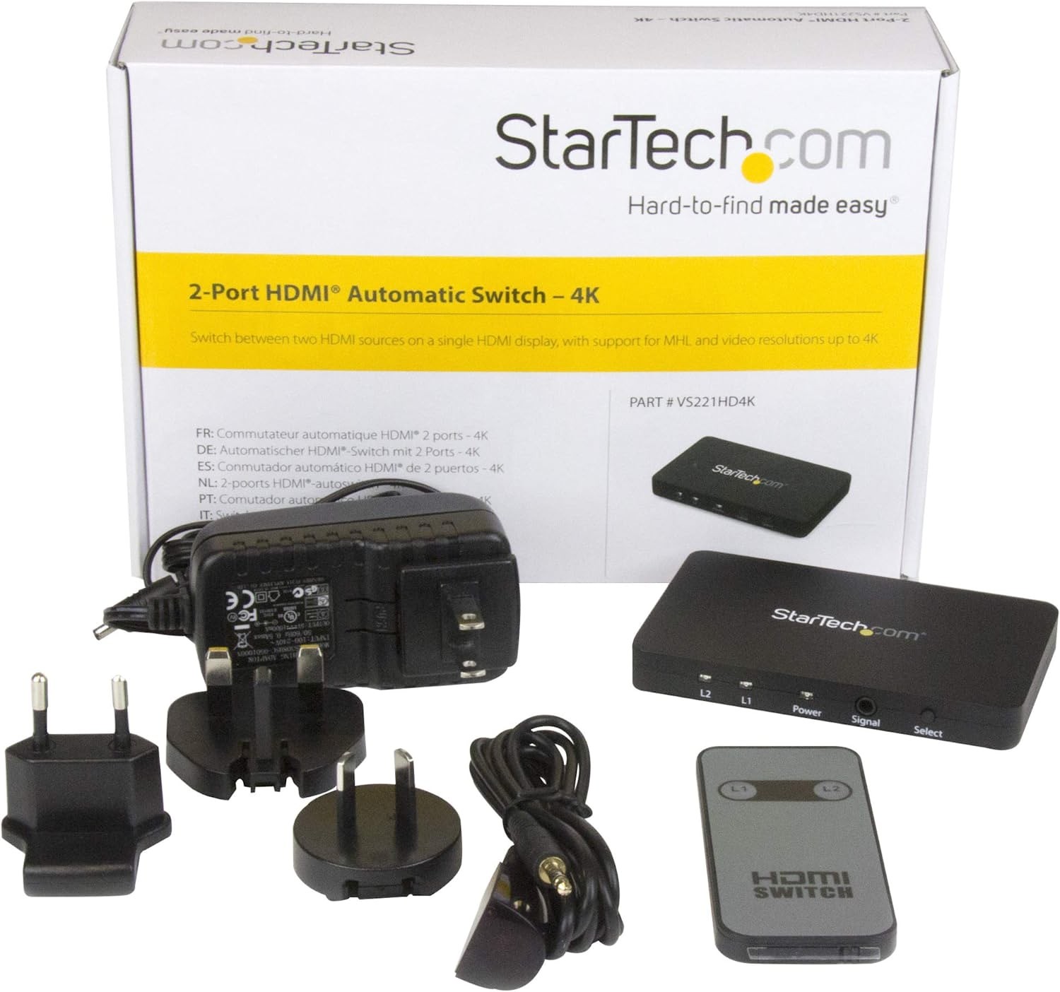 StarTech.com 2 Port HDMI Switch - Aluminum Housing and MHL Support - 2x1 HDMI Switcher Box with Support for 4K at 30Hz – HDMI Selector Switch (VS221HD4K)