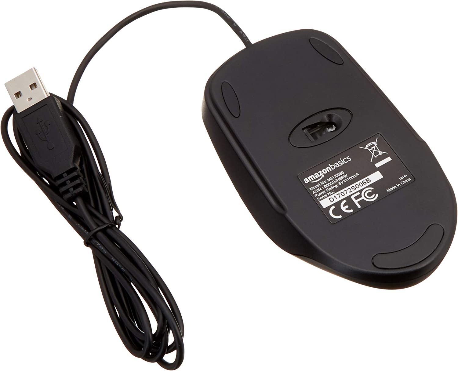 Amazon Basics 3-Button Wired USB Computer Mouse, Black