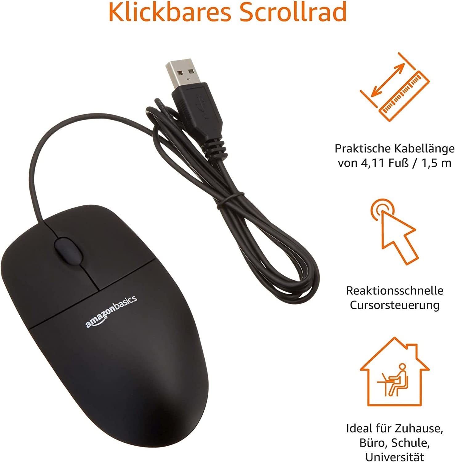 Amazon Basics 3-Button Wired USB Computer Mouse, Black