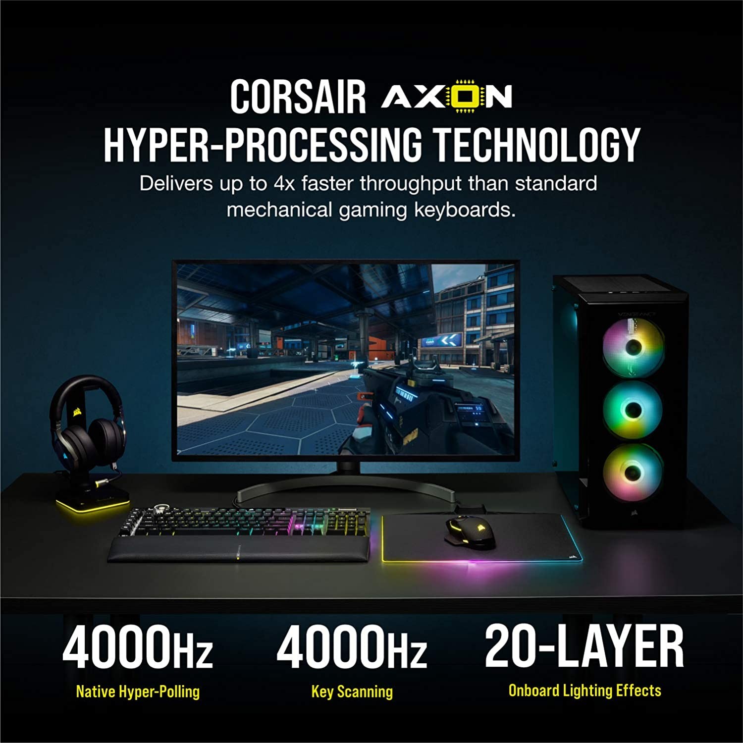 Corsair K100 RGB Optical-Mechanical Gaming Keyboard - Corsair OPX RGB Optical-Mechanical Keyswitches - AXON Hyper-Processing Technology for 4X Faster Throughput - 44-Zone RGB LightEdge