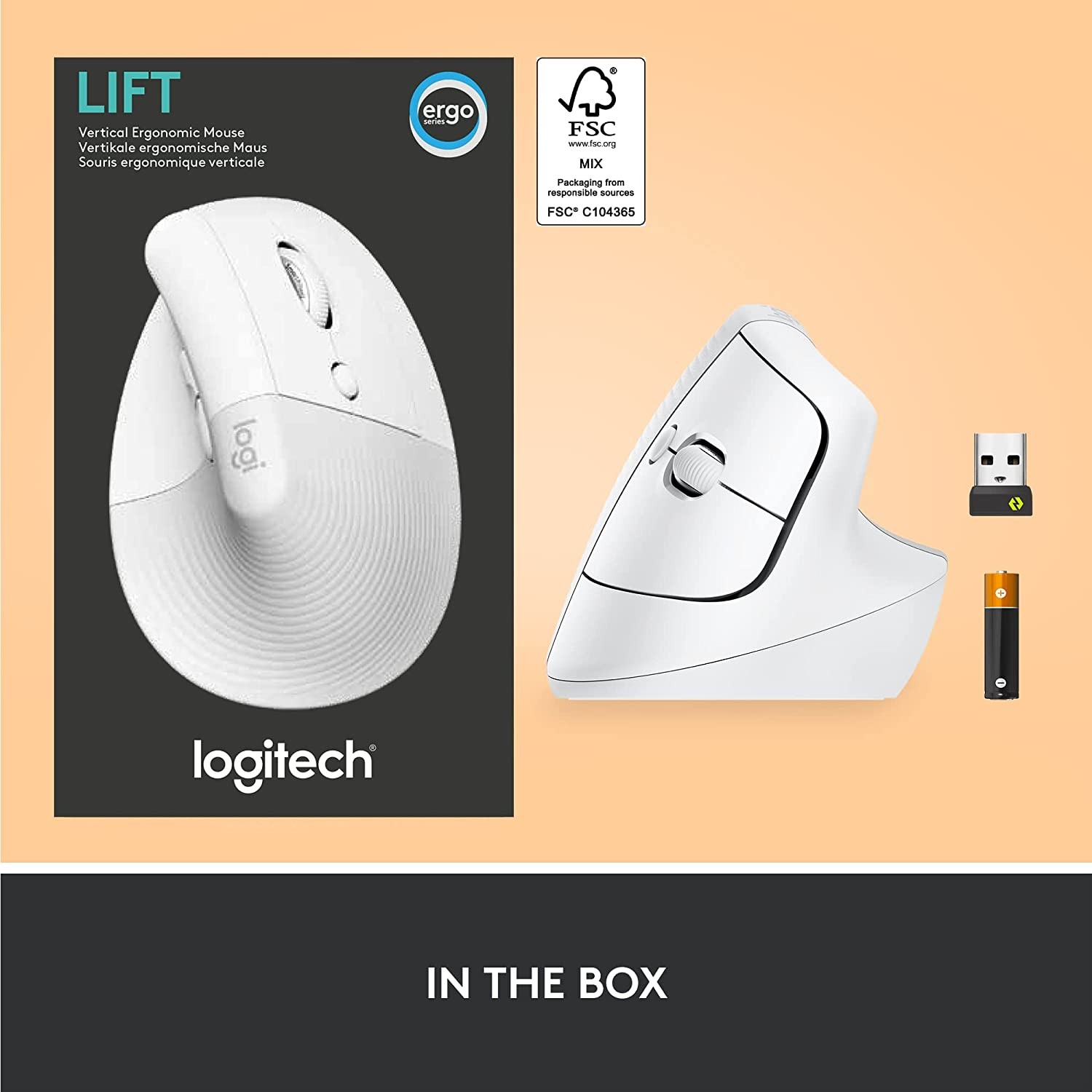 Logitech Lift Vertical Ergonomic Mouse, Wireless, Bluetooth or Logi Bolt USB receiver, Quiet clicks, 4 buttons, compatible with Windows/macOS/iPadOS, Laptop, PC - Off White