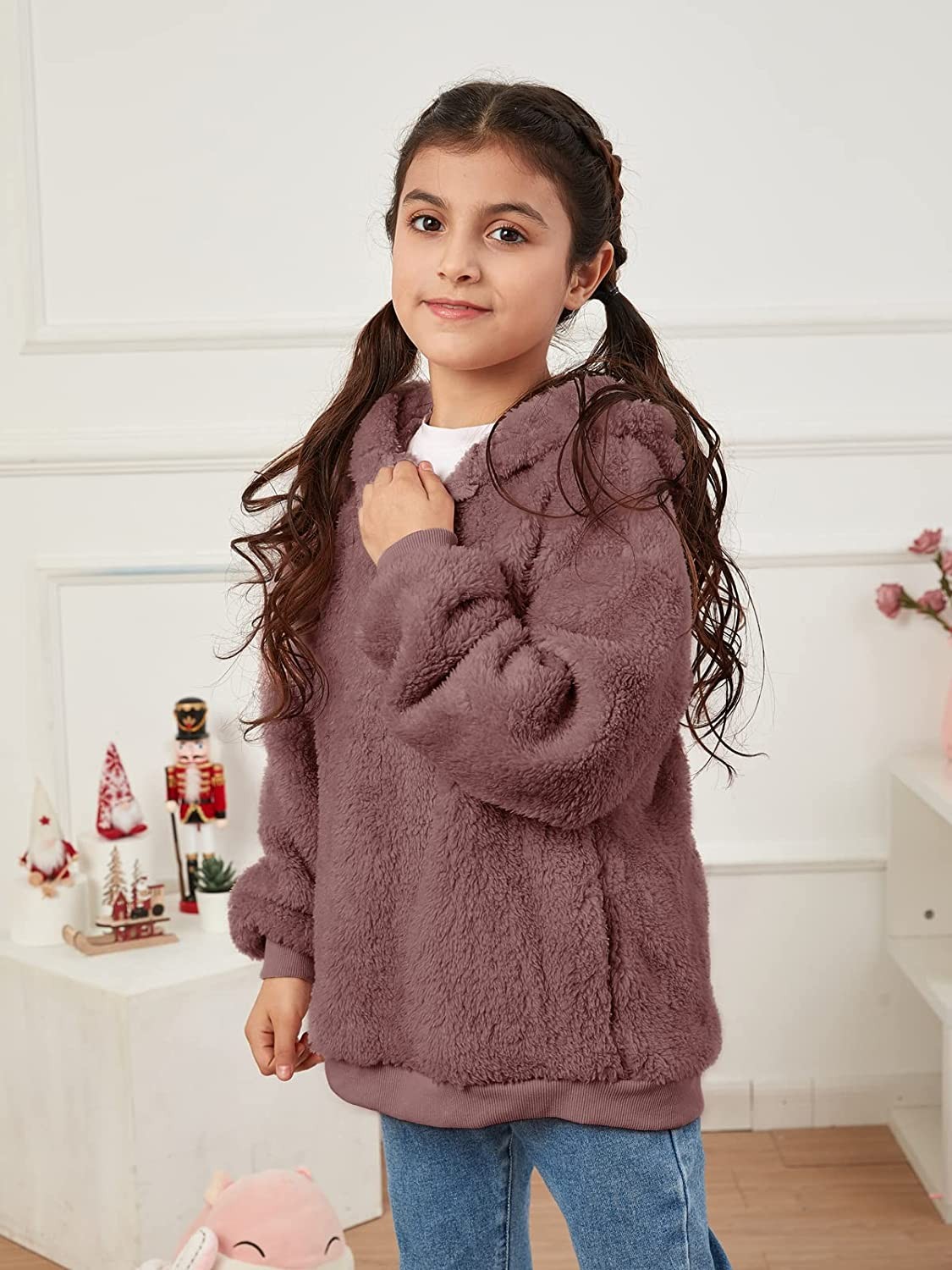 Ofenbuy Kids Girl s Fuzzy Hoodies Zipper Warm Loose Sherpa Hooded Sweatshirt Pullover With Pockets