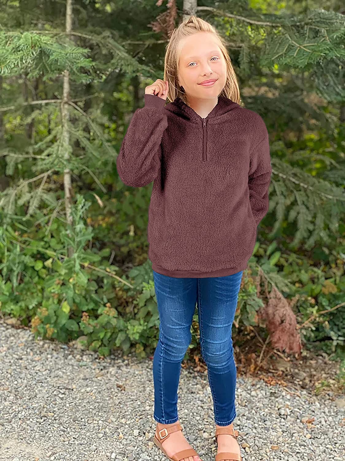 Ofenbuy Kids Girl s Fuzzy Hoodies Zipper Warm Loose Sherpa Hooded Sweatshirt Pullover With Pockets