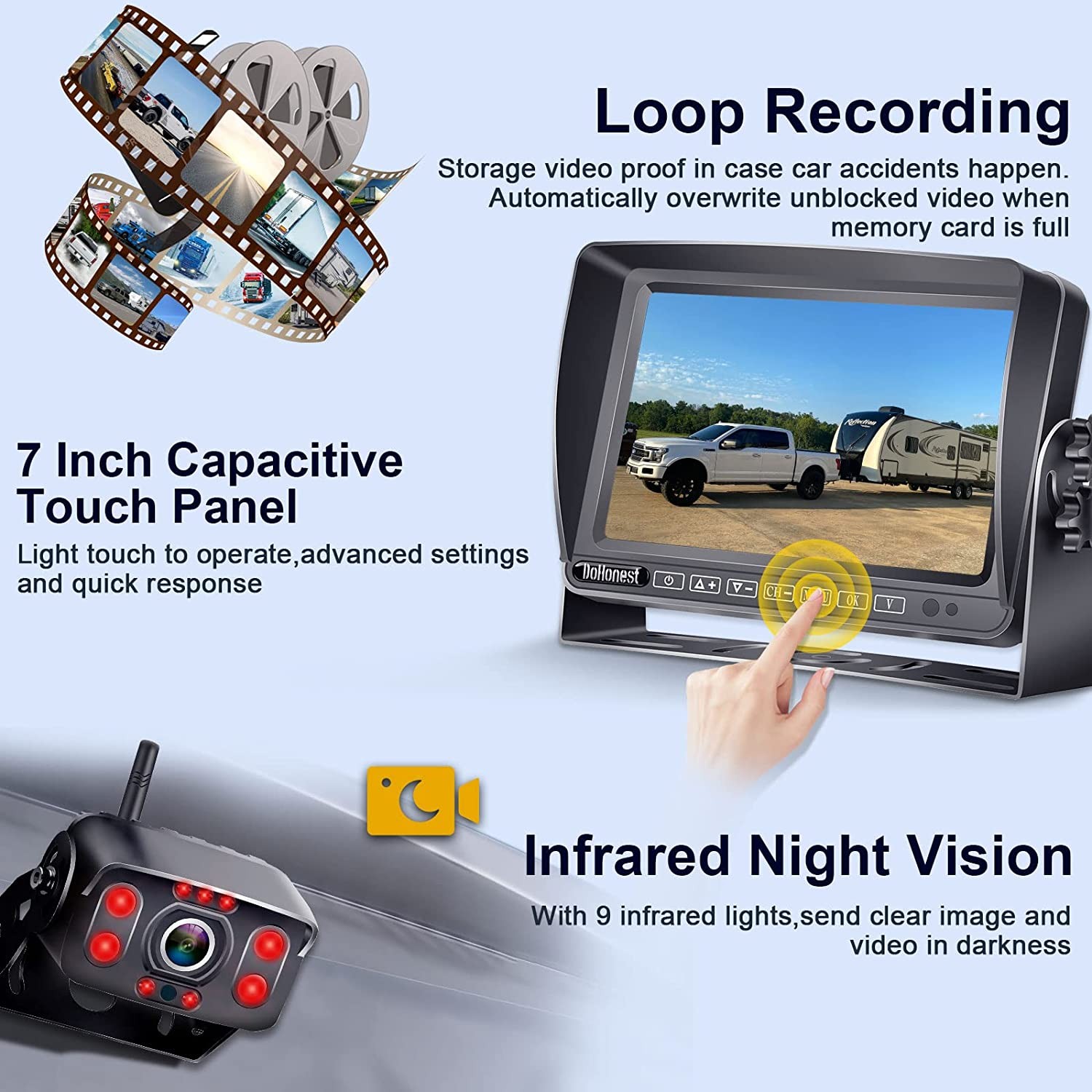 DoHonest RV Backup Camera Wireless HD 1080P with 7‘’ Touch Key DVR Monitor, 2022 Newest Version Rear View Camera Stable Signals Adapter for Furrion Pre-Wired for RVs,Truck,Trailer,IR Night Vision S21