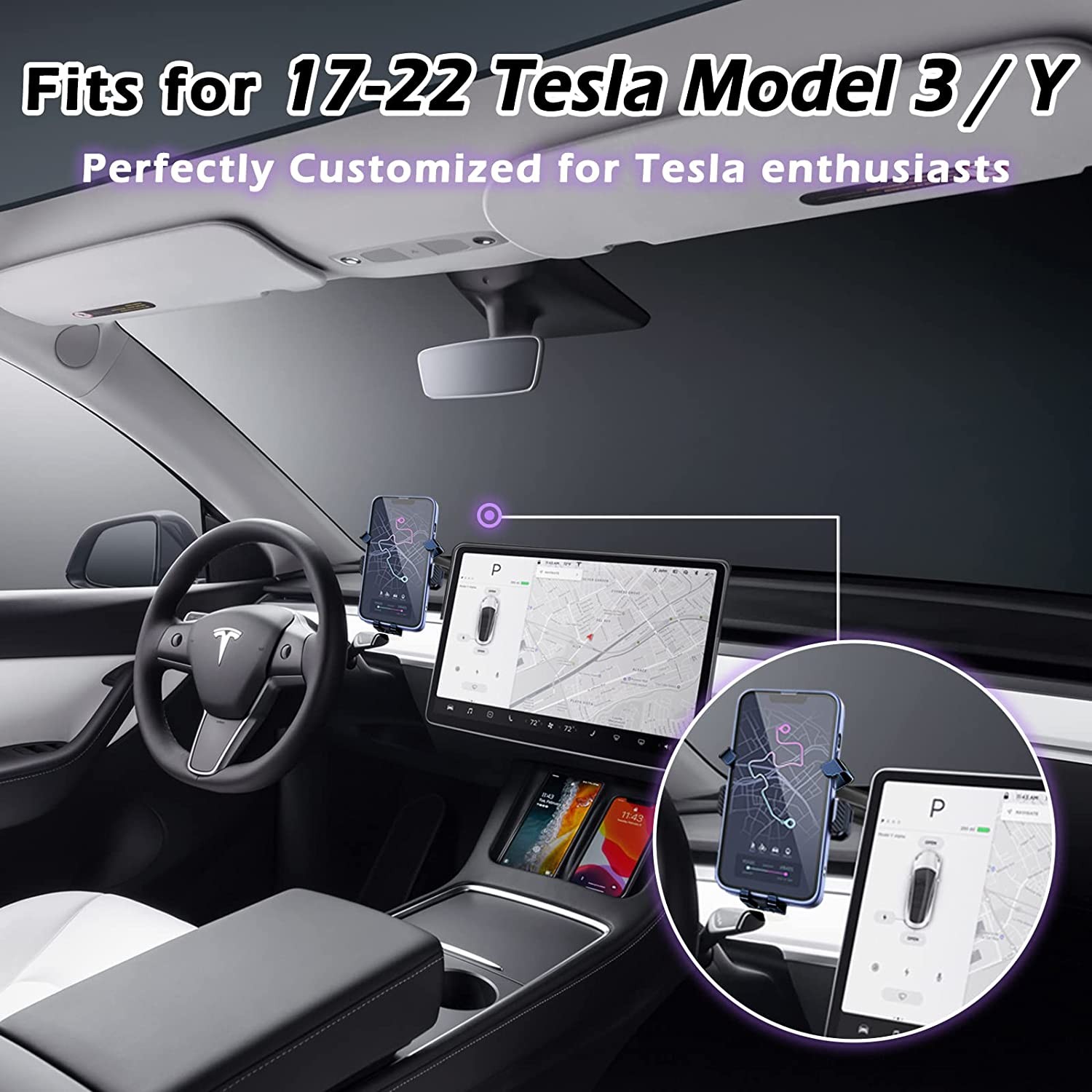 4TSL Tesla Cell Phone Mount for Model 3 & Y, One-Hand Operation Phone Holder Fits 4.7-7.0" Cellphone with 360° Longer Robotic Arms, Silent Monitor Case Accessories for Model 3 2017-22 Model Y 2019-22