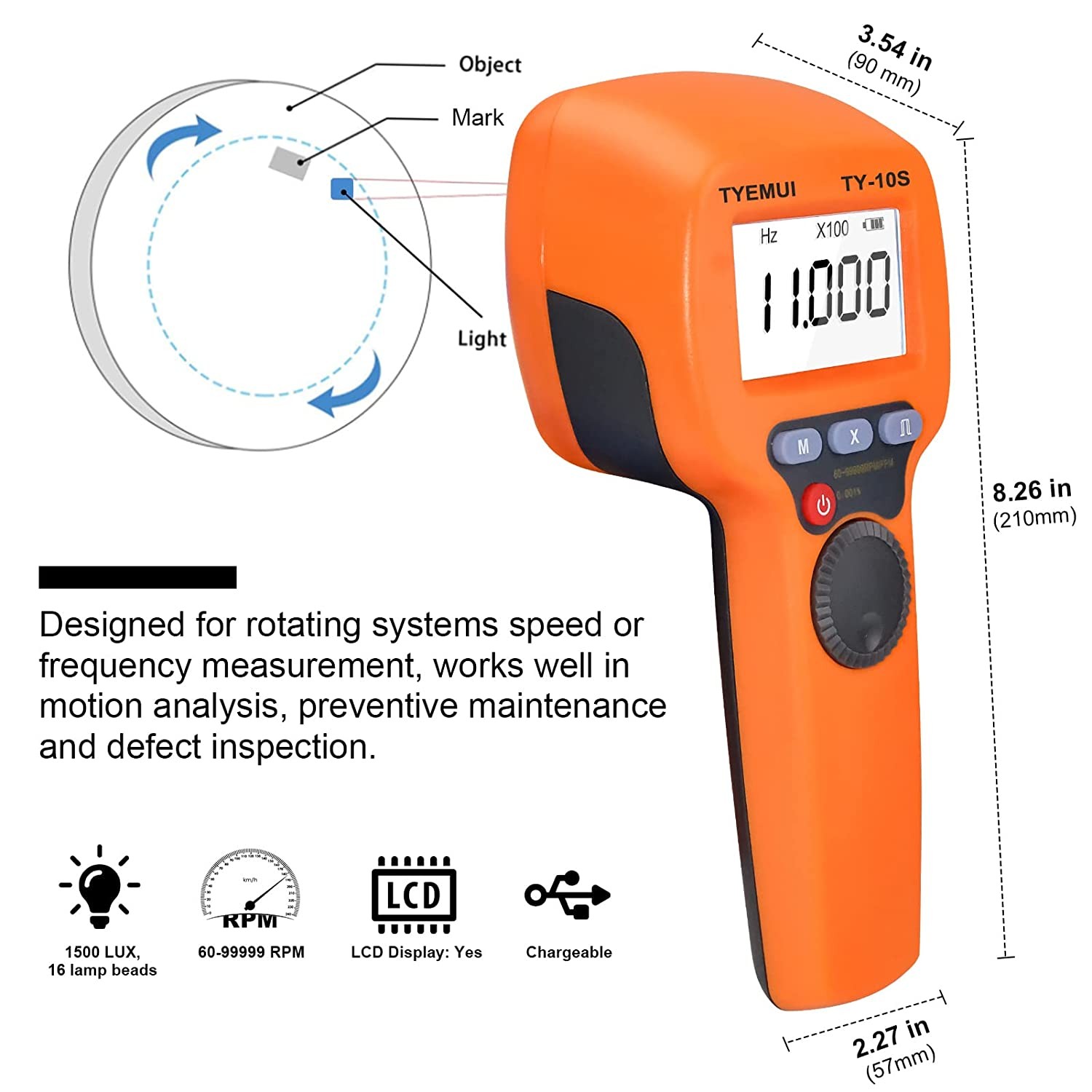 Rechargeable Handheld Stroboscope Tachometer, 60~59999 RPM Non-Contact LED Flash Strobe Tach Meter for Rotate Speed Measurement, with Backlight Screen