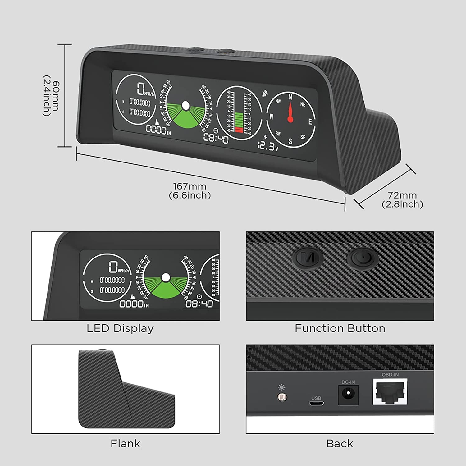 Car Inclinometer Level Tilt Gauge, Car HUD GPS Speedometer MPH Car Electronic Compass Clinometer Indicator, Digital Inclinometer Car Angle Slope Meter for Off-Road Vehicles
