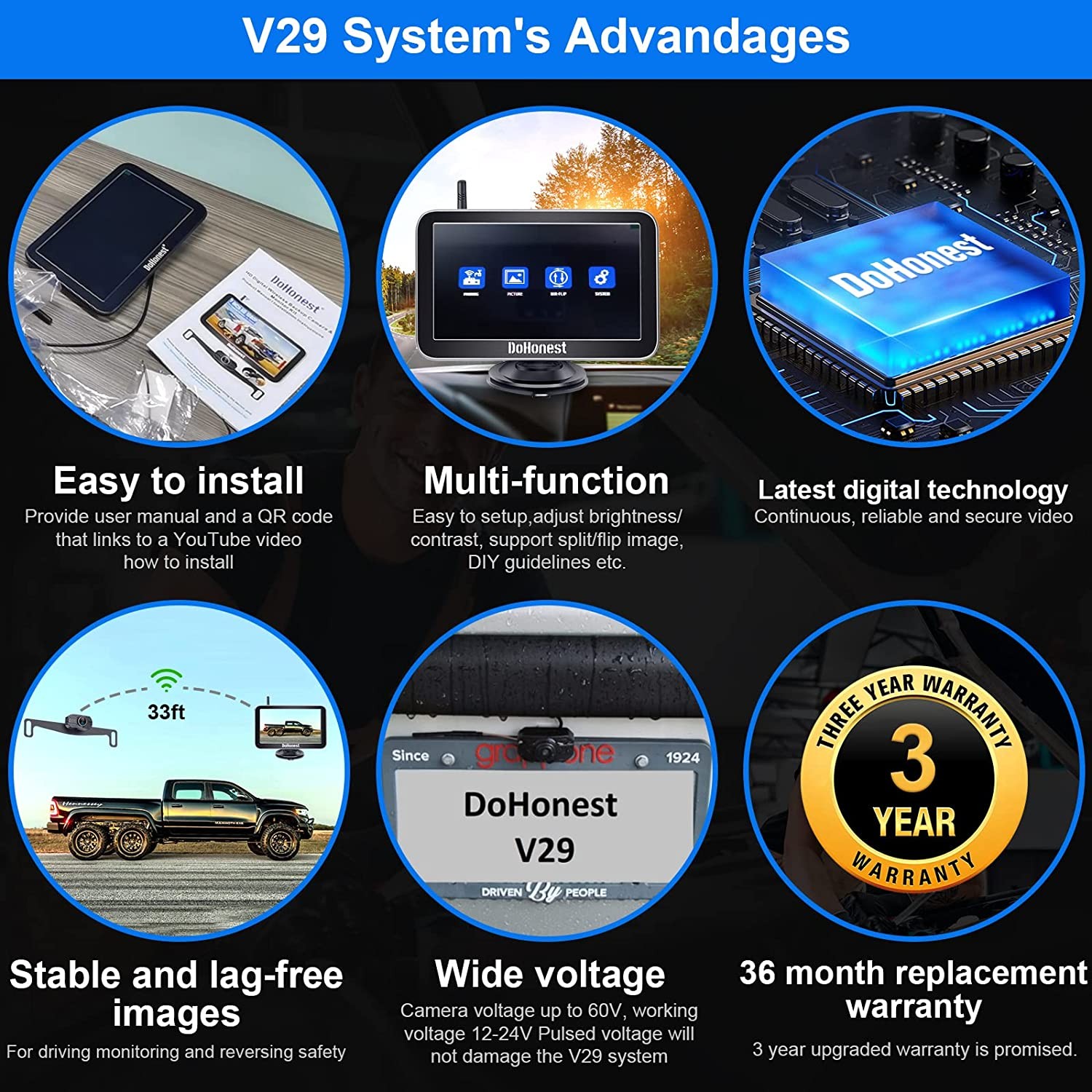 DoHonest Wireless Backup Camera for Trucks Car Pickup Camper Van with 7 Inch Monitor System, HD 1080P Bluetooth Backup Camera 2.4G Stable Digital Signals, Support Add Second RV Rear View Camera-V29