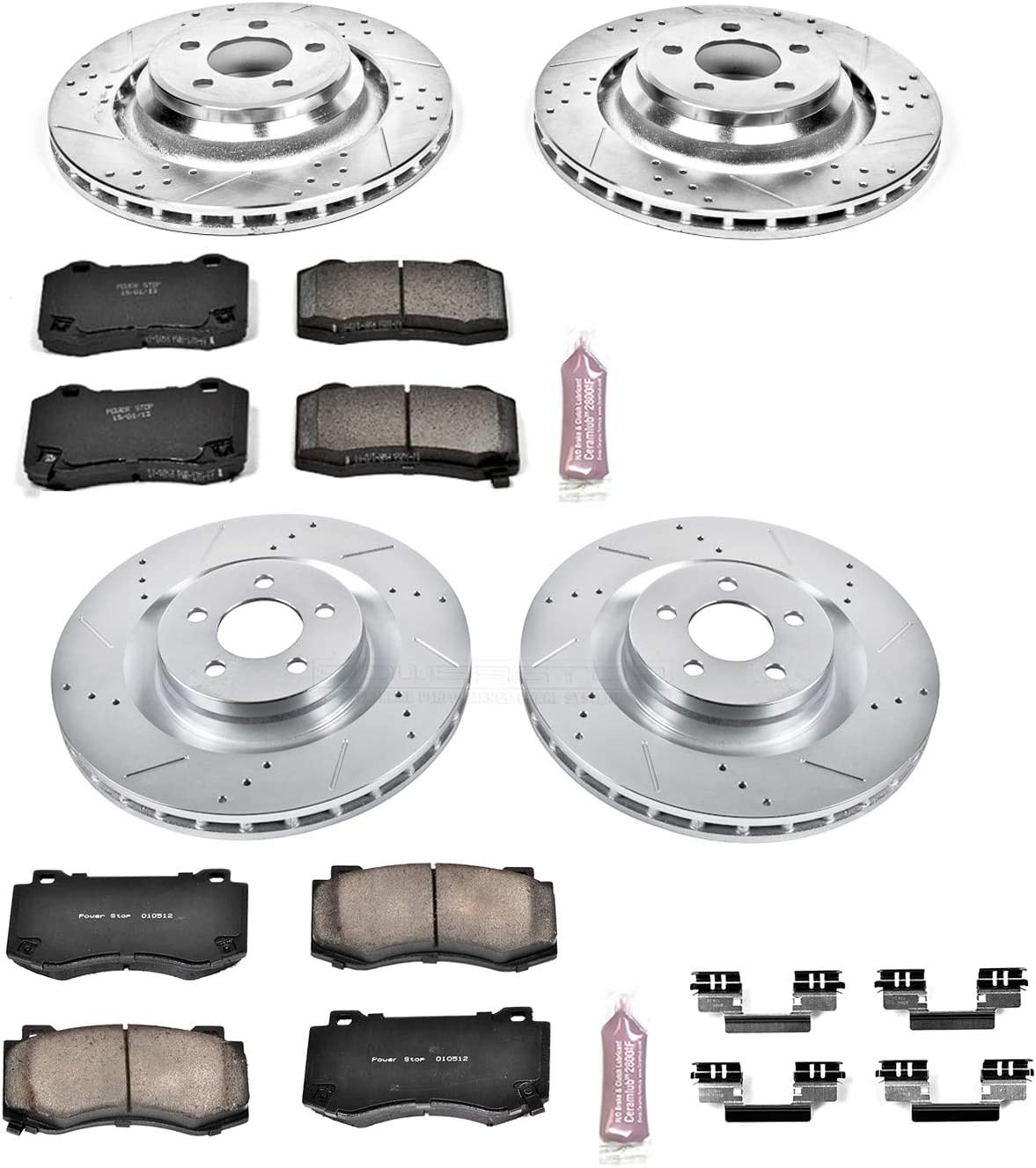 Power Stop K4023 Front and Rear Z23 Carbon Brake Pads with Drilled and Slotted Disc Kit