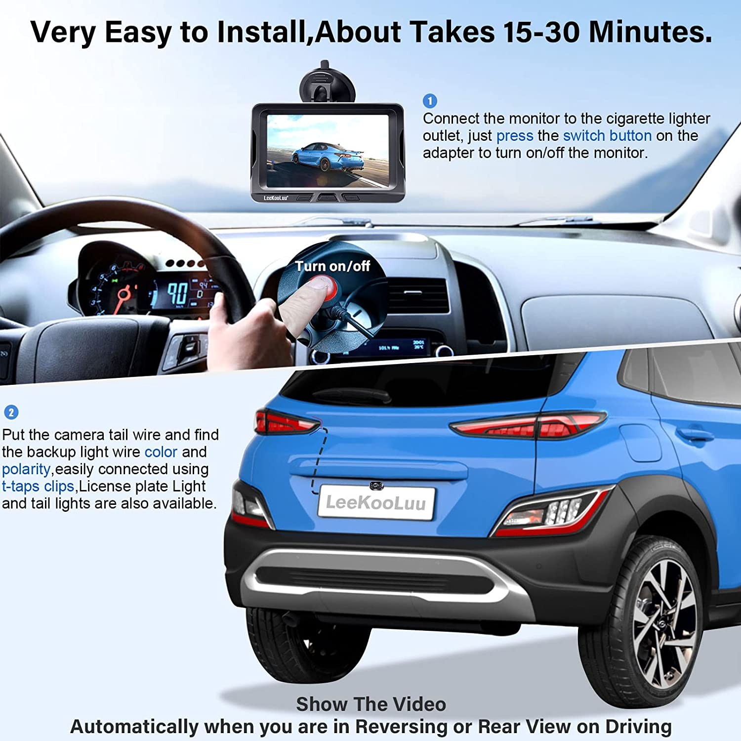 Wireless Backup Camera 5 Inch Rear View Monitor Kit HD 1080P Bluetooth Reverse Cameras for Truck Car Van Camper Two Channels Waterproof Night Vision DIY Parking Guide Lines LeeKooLuu LK2