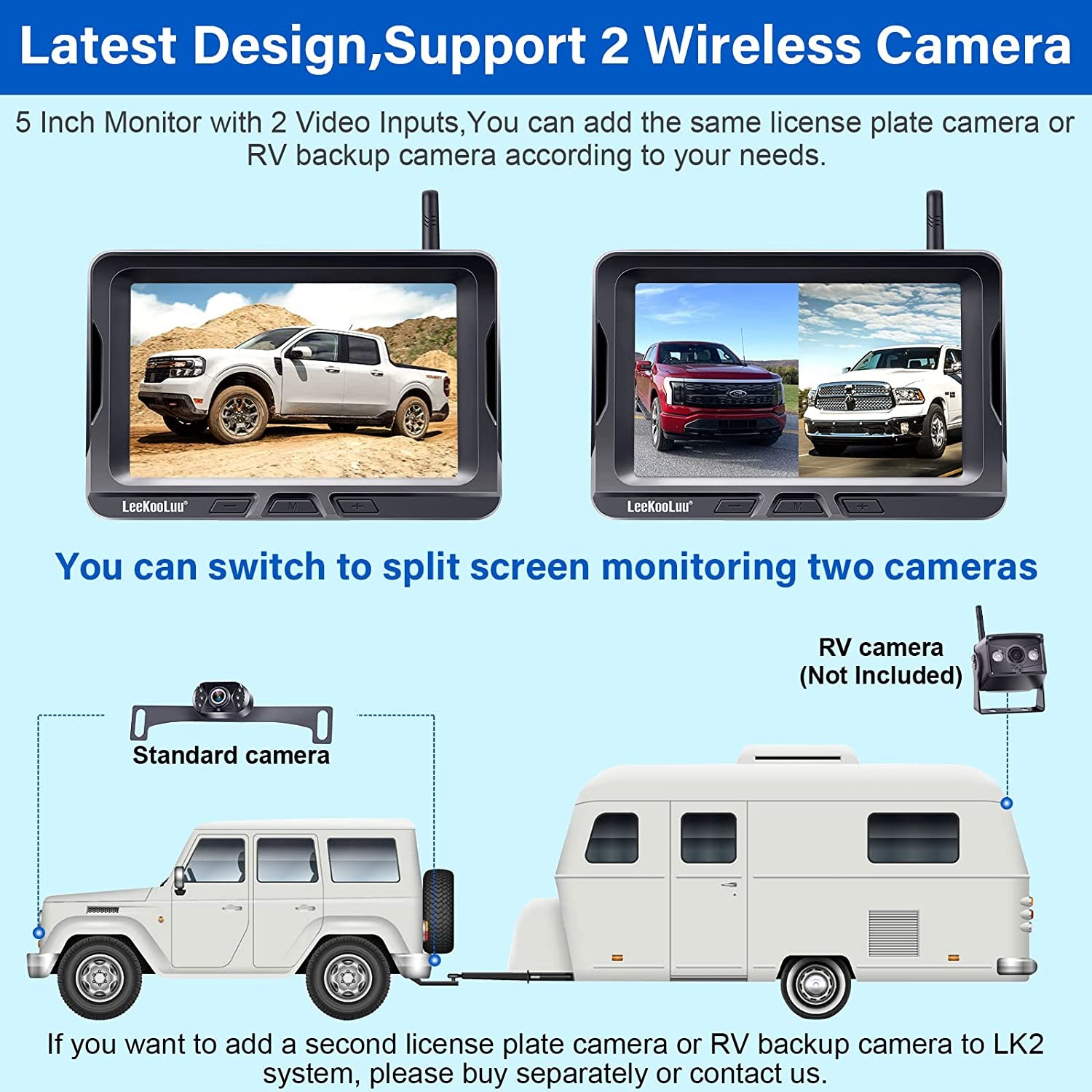 Wireless Backup Camera 5 Inch Rear View Monitor Kit HD 1080P Bluetooth Reverse Cameras for Truck Car Van Camper Two Channels Waterproof Night Vision DIY Parking Guide Lines LeeKooLuu LK2