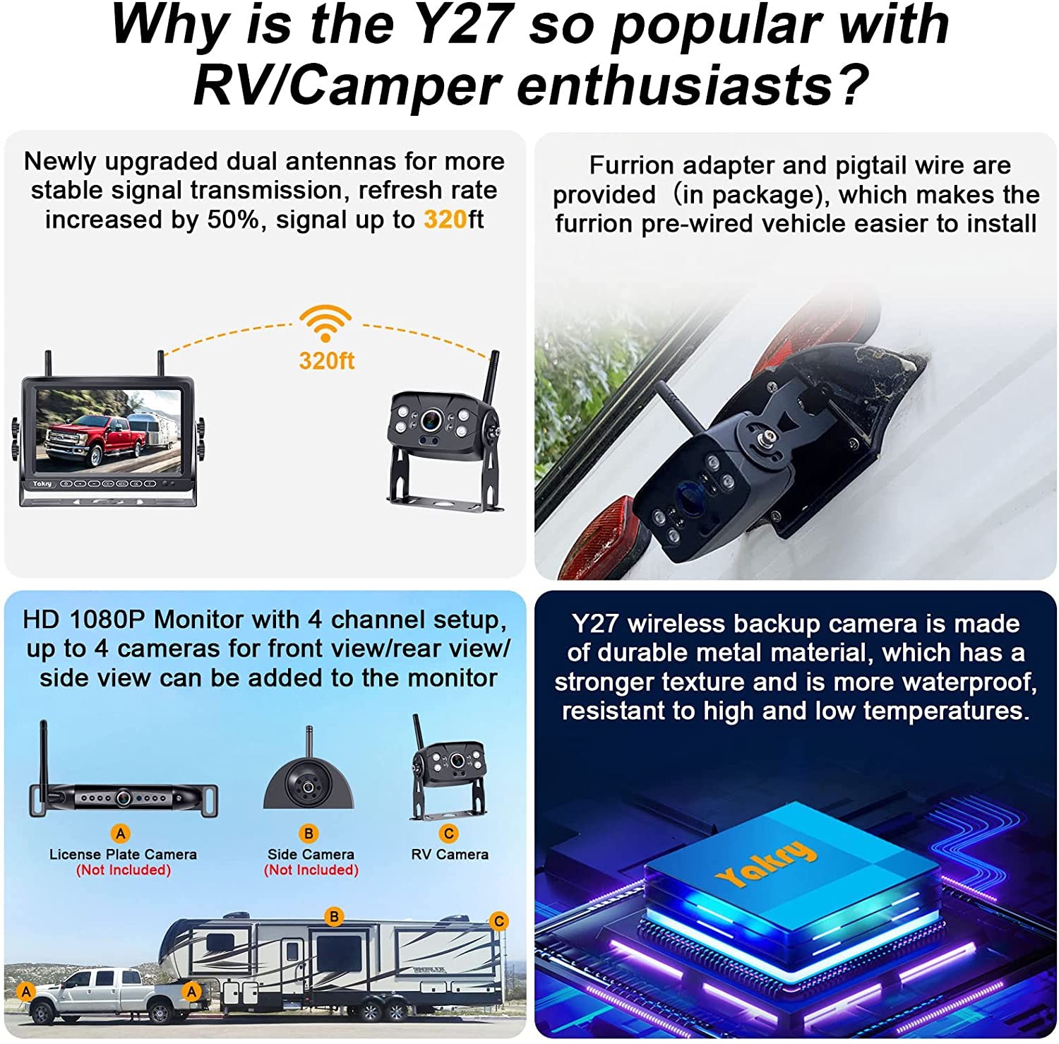 RV Backup Camera Wireless HD 1080P with 7 Inch Touch Key DVR Monitor for RVs,Campers,Trailers,Trucks Adapter For Furrion-Pre-wired RVs High-Speed Rear View Observation IR Night Vision Yakry Y27