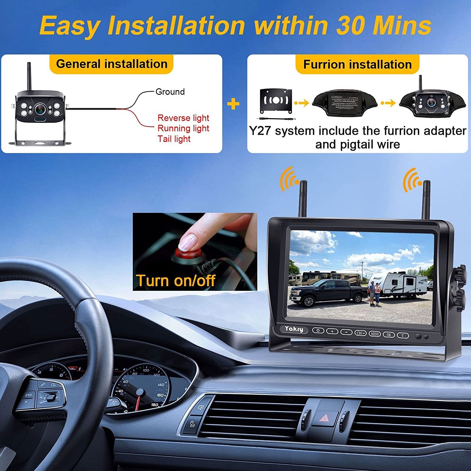RV Backup Camera Wireless HD 1080P with 7 Inch Touch Key DVR Monitor for RVs,Campers,Trailers,Trucks Adapter For Furrion-Pre-wired RVs High-Speed Rear View Observation IR Night Vision Yakry Y27