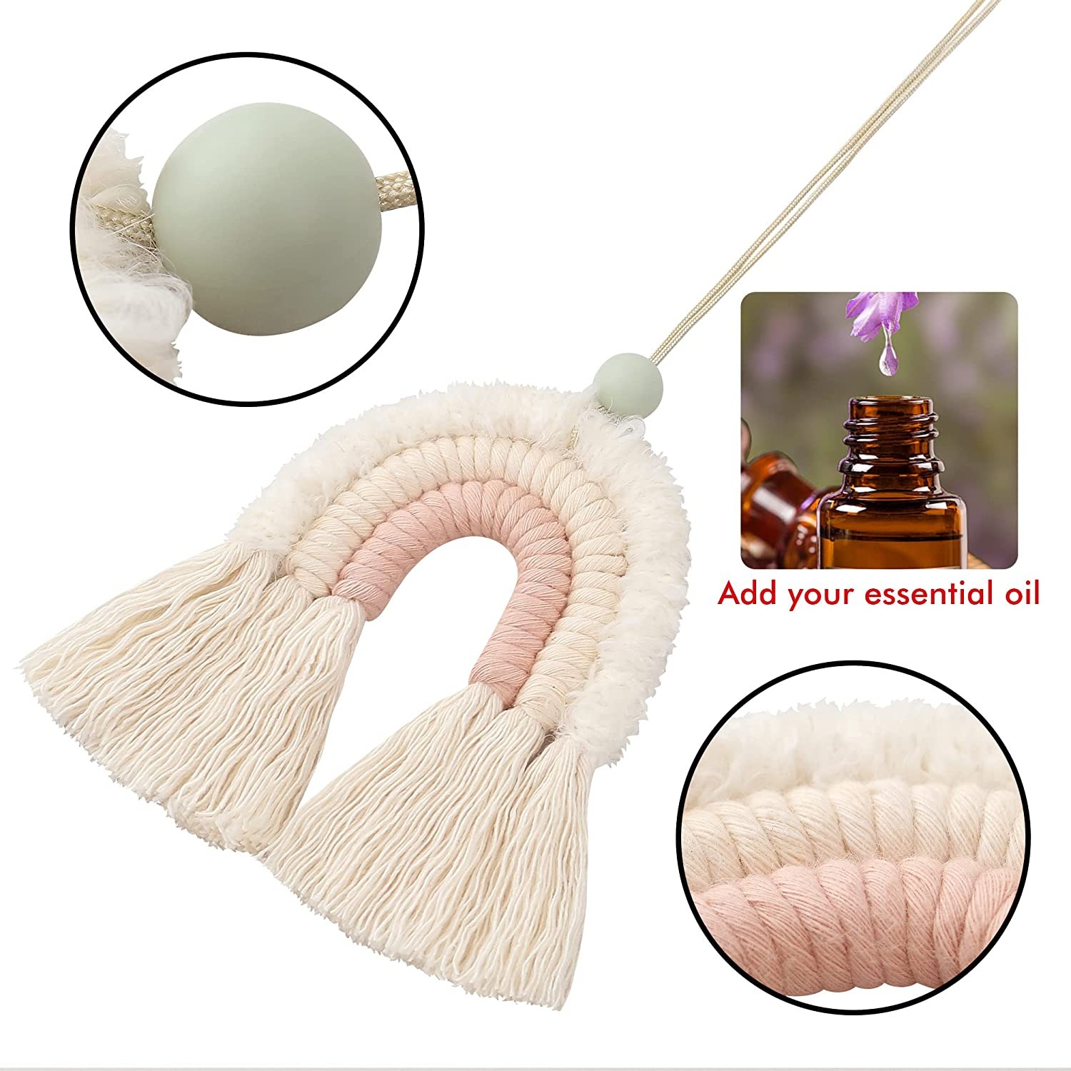 BOHO GARDEN Macrame Rainbow Charm - Essential Oil Diffuser for Cars, Baby Nursery, Children s Bedroom & Home Decor - Colorful Decorative Hanging Air Freshener & Accessories - 3x3.5 - Soft Pink