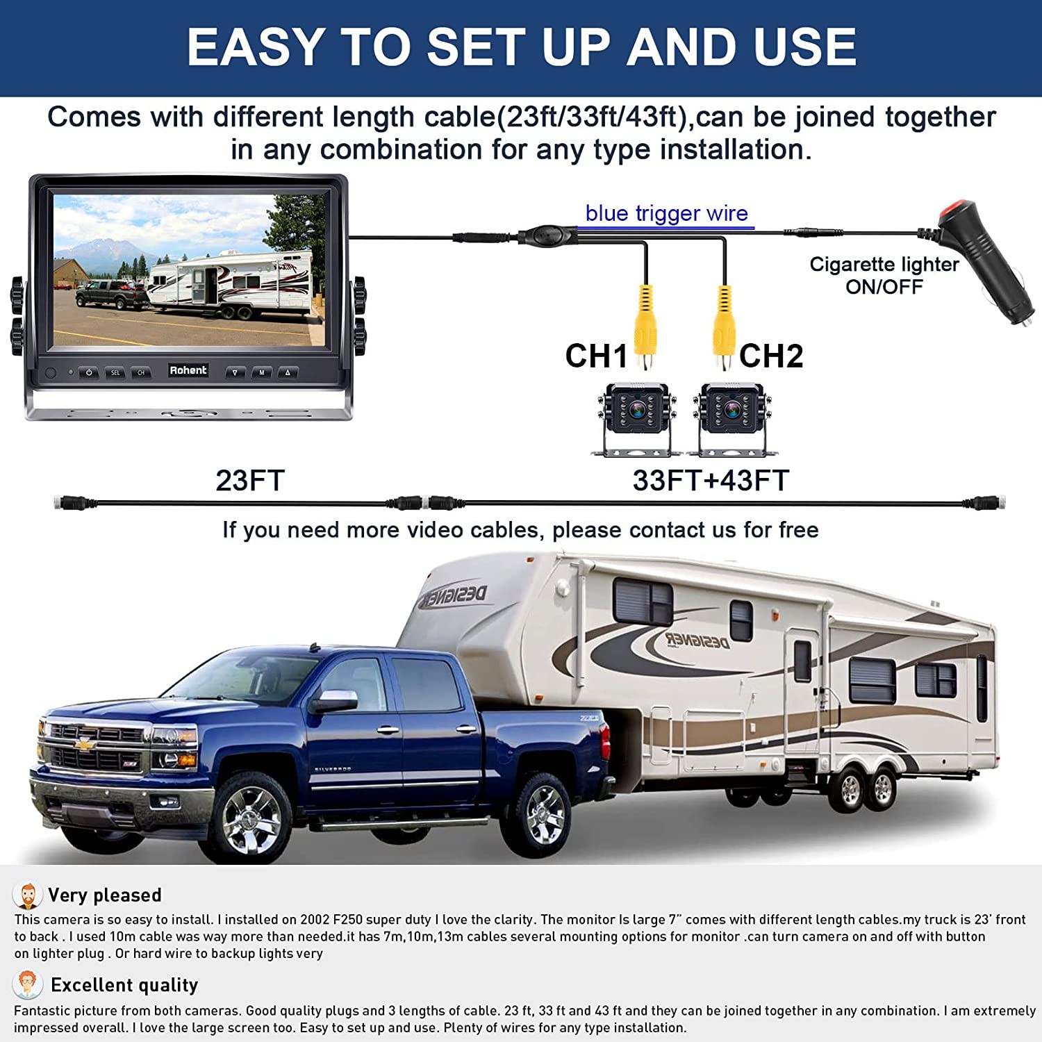 RV Backup Camera Upgraded HD 1080P Rear View Camera System 7   Monitor 30 Mins Easy Installation Infrared Night Vision Waterproof for Truck Trailer 5th Wheel Camper Rohent R4