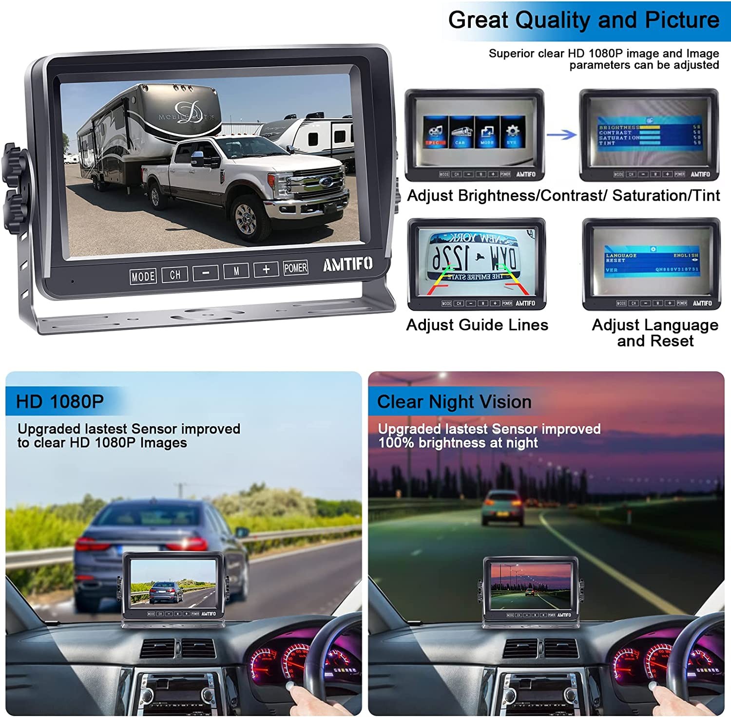 RV Backup Camera HD 1080P 7 Inch Monitor Rear View System for Trailer Truck Camper 5th Wheel Reverse Cam Easy Installation Waterproof Clear Color Night Vision DIY Guide Lines AMTIFO A13